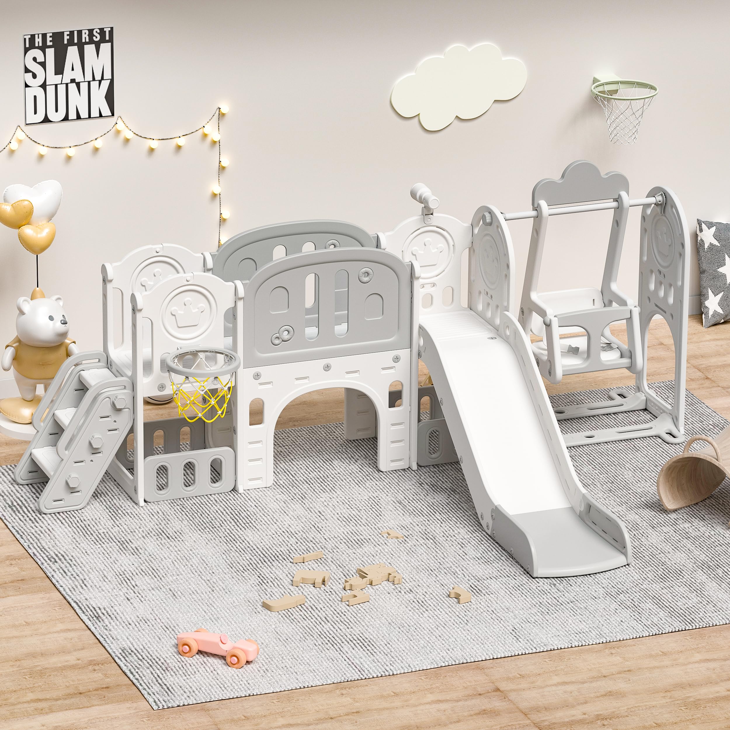 11-in-1 Toddler Slide Playset, Indoor Outdoor Kids Slide with Basketball Hoop & Swing