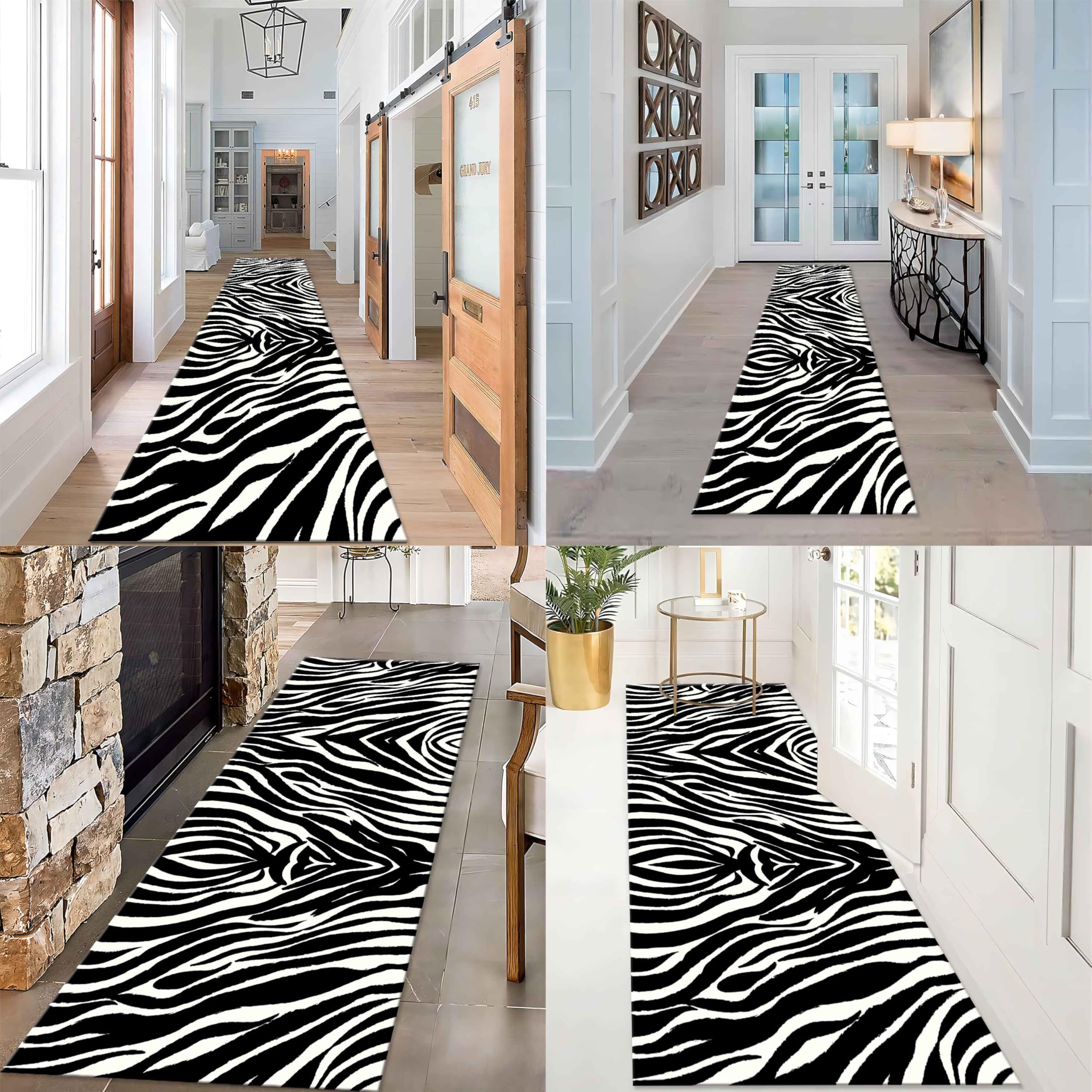 Zebra Läufer Teppich, 60x150cm Schwarz-Weiß Gestreift, Akzent Teppich für Eingangsbereich, Rutschfeste Fußmatte für Innenbereich, Tier Print, Waschbarer Teppiche für Küche, Wohnzimmer, Schlafzimmer