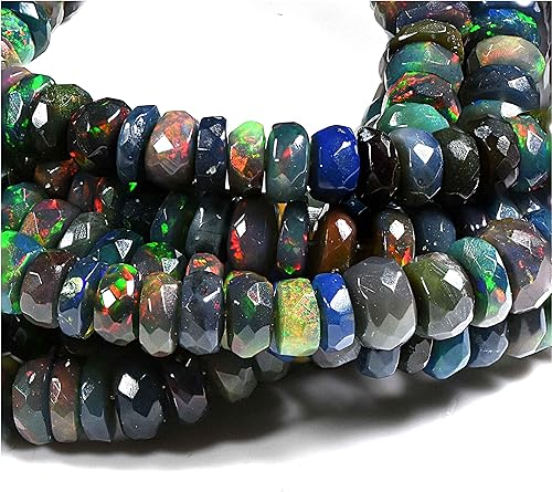Vatslacreations Cuentas de ópalo etíope negro Cuentas sueltas de ópalo negro con piedras preciosas facetadas Rondelle para hacer joyas de