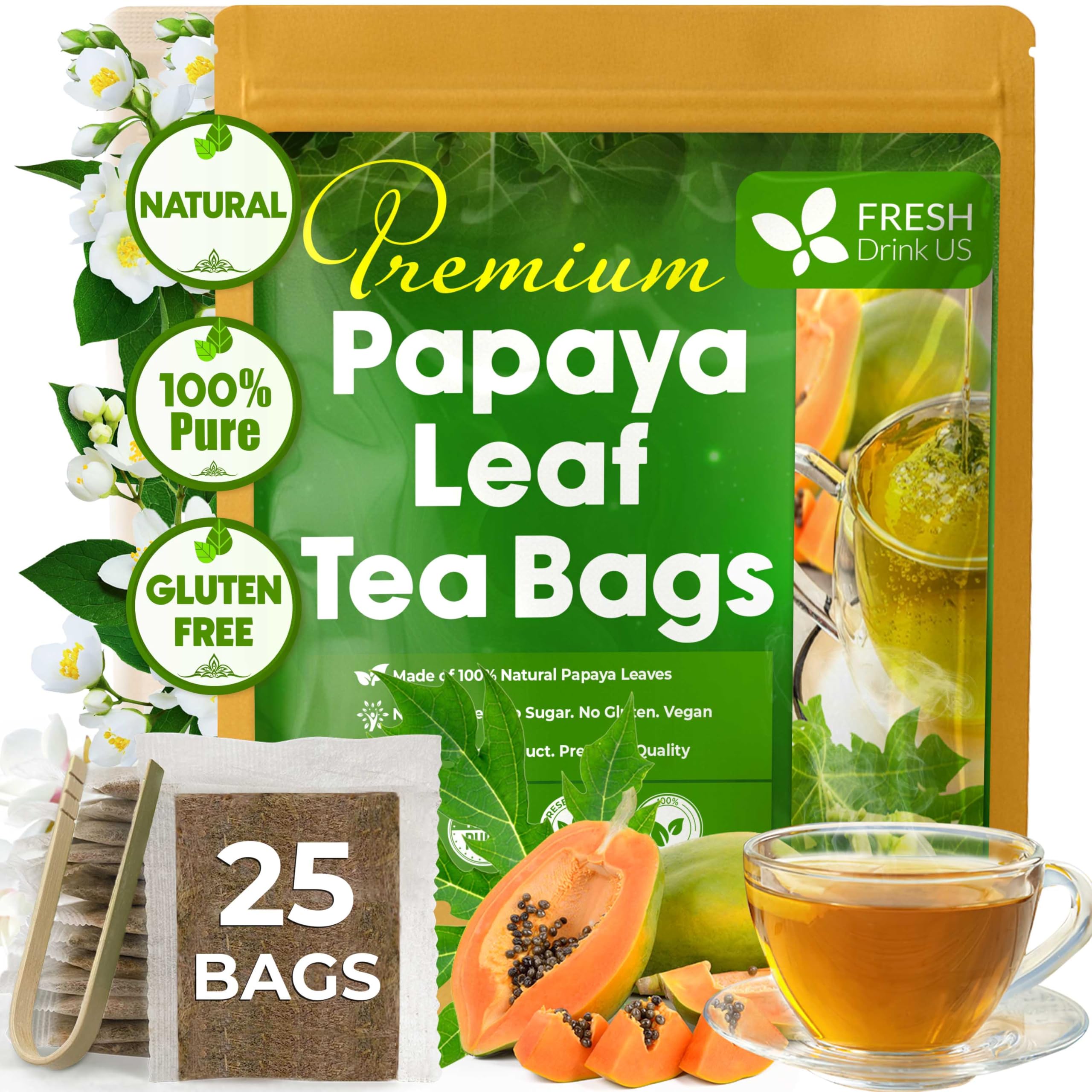 FreshDrinkUS, Premium 25 Papaya Leaf Tea Bags, 100% Natural & Pure from Papaya Leaves. Loose Leaf Herbal Tea. Made with Natural Material Tea Bags. No Sugar, No Caffeine, No Gluten, Vegan.