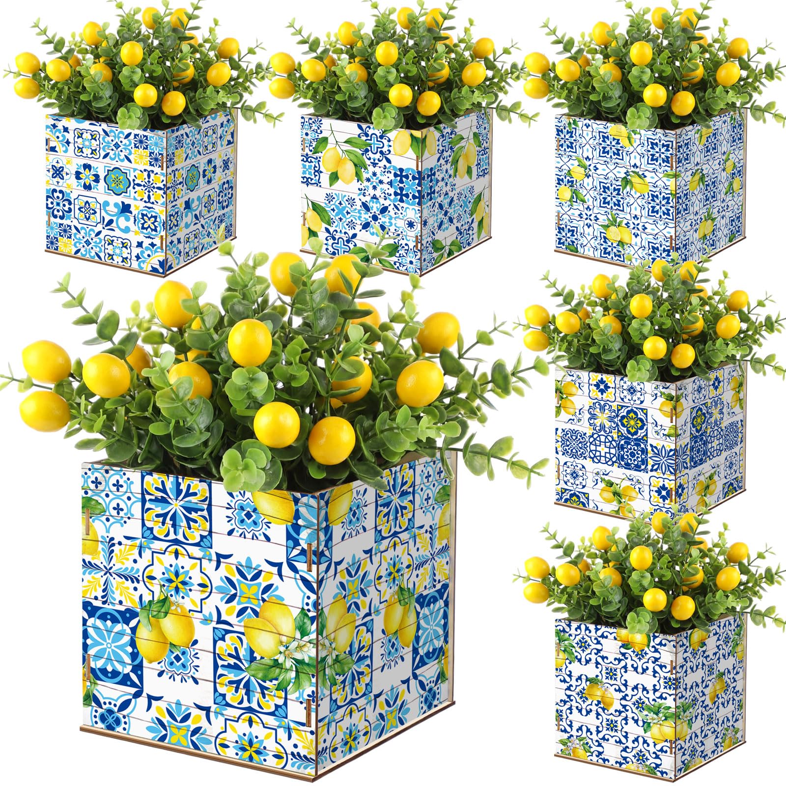 Photo 1 of Amyhill 6 Pcs Capri Lemon Table Centerpiece Blue Tiles Wooden Amalfi Coast Box Decorations Requires Self-Assembly for Capri Mediterranean Positano Wedding Baby Shower Party Decor