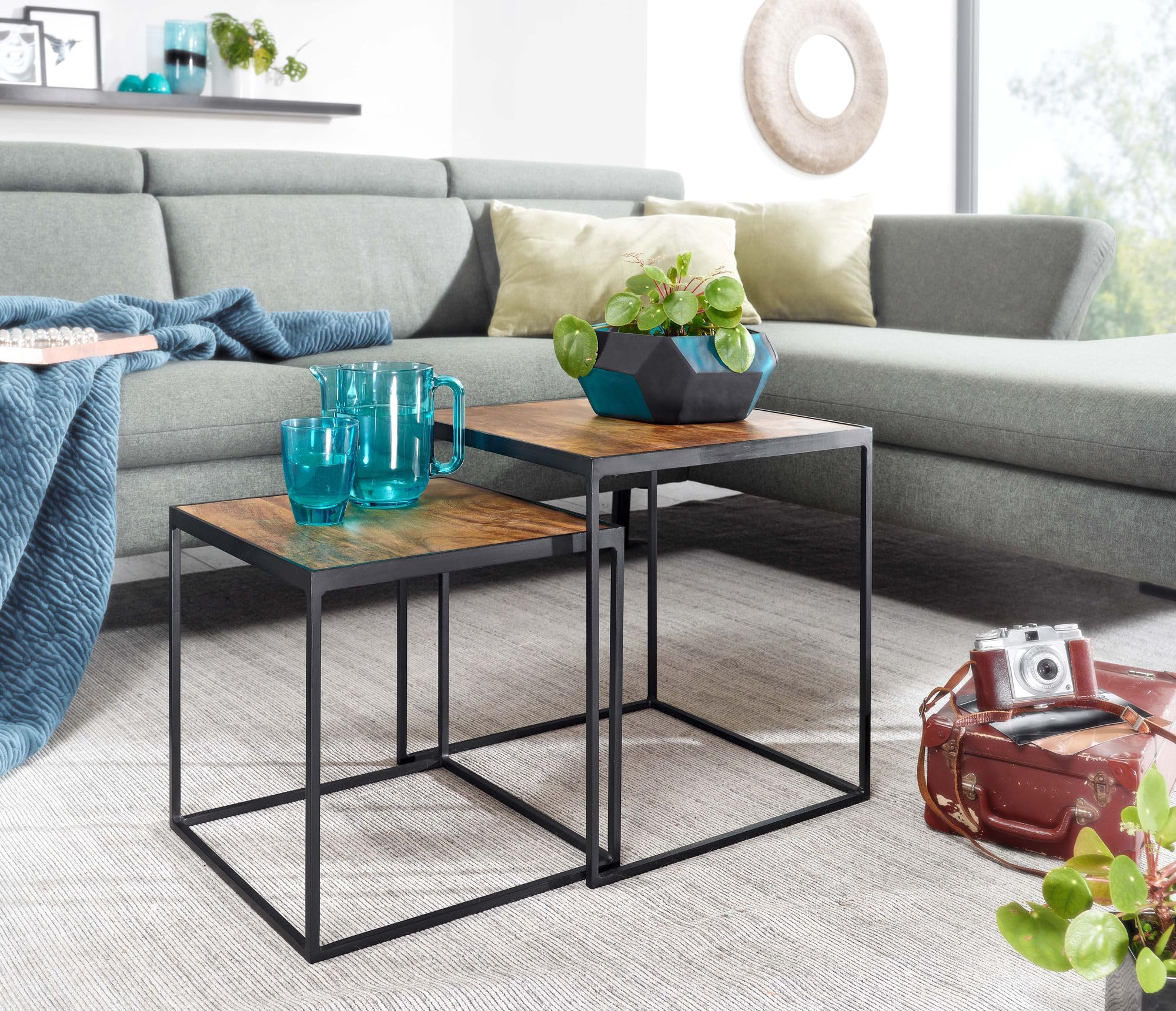 FineBuy Wohnzimmertisch 2er Set Mango Massivholz/Metall Beistelltisch Eckig, Design Beistelltisch Industrial, Sofatisch Couchtisch Quadratisch, Tischset 2-teilig Satztisch Braun