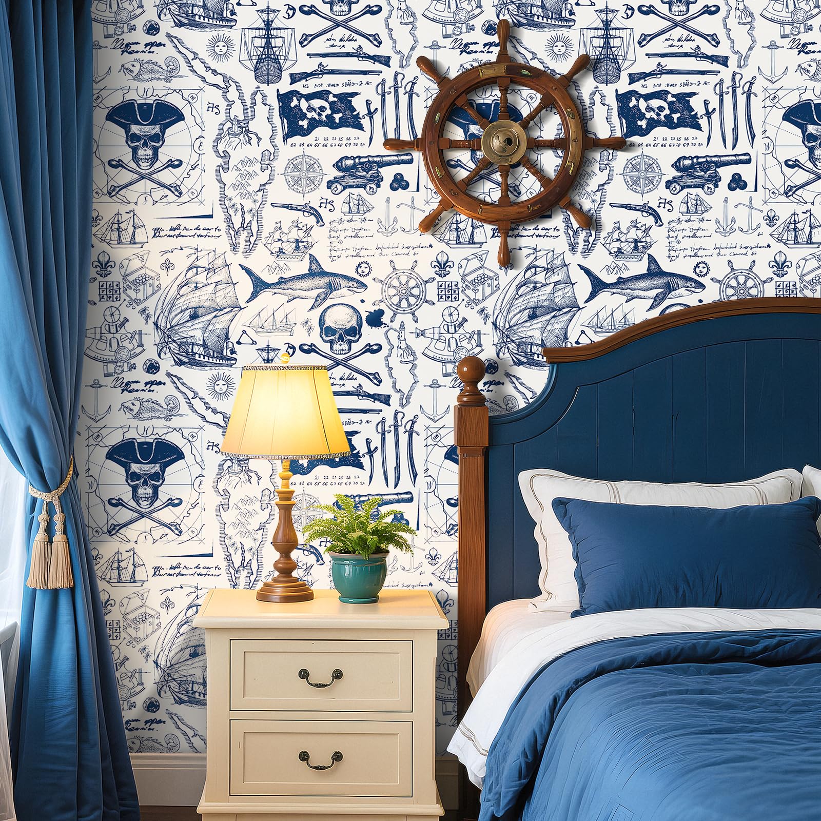 ReWallpaper Navy Sticky Back Plastic Beige Blue Pirate Ship Wallpaper Patterned Contact Paper for Furniture Cabinets Door 44.5CMx3M Peel and Stick Wallpaper Boys Bedroom Nautical Themed - Image 4