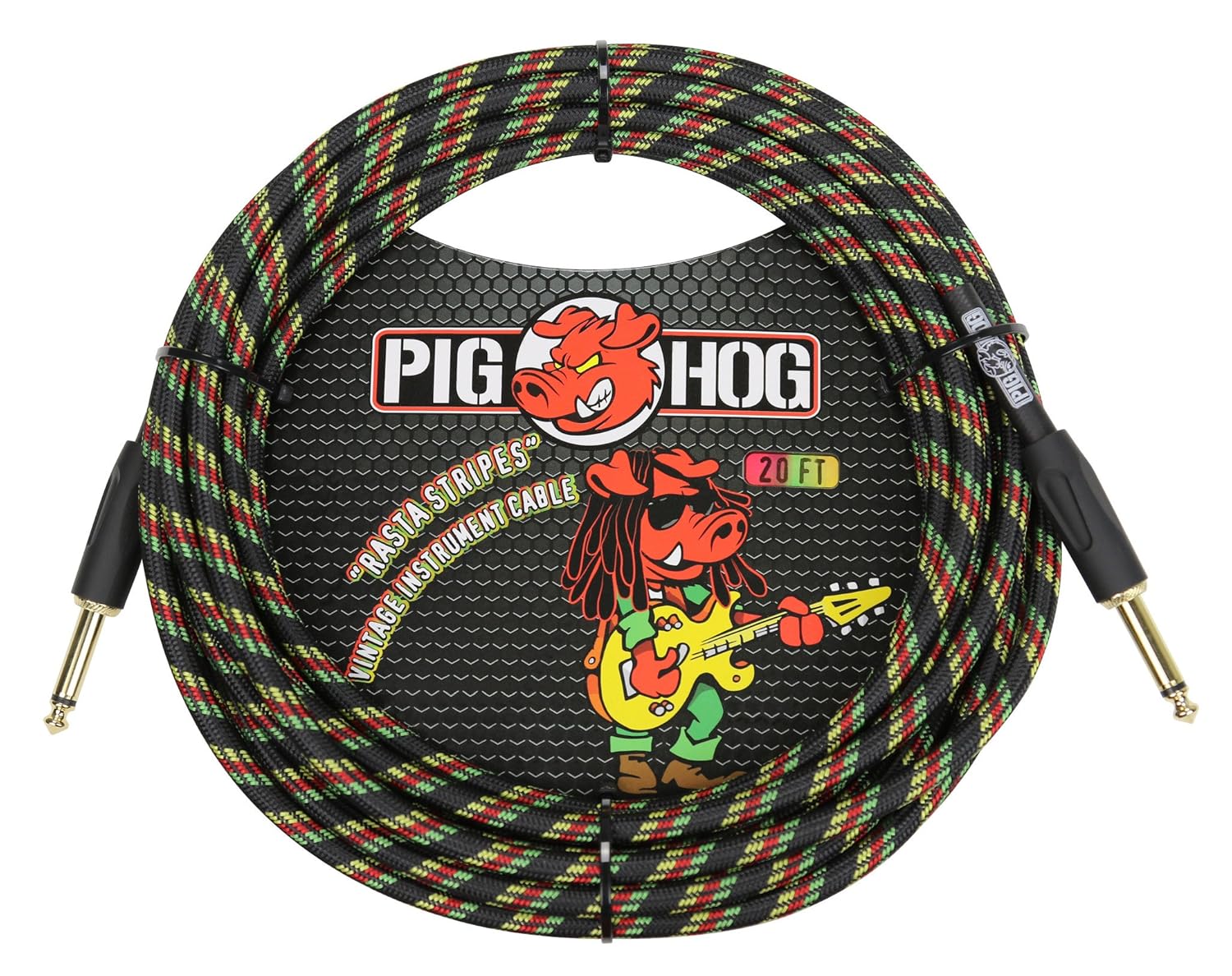 PIG HOG 20' Feet Vintage Series High Performance Instrument Cable Rasta Stripes (Straight-Straight)