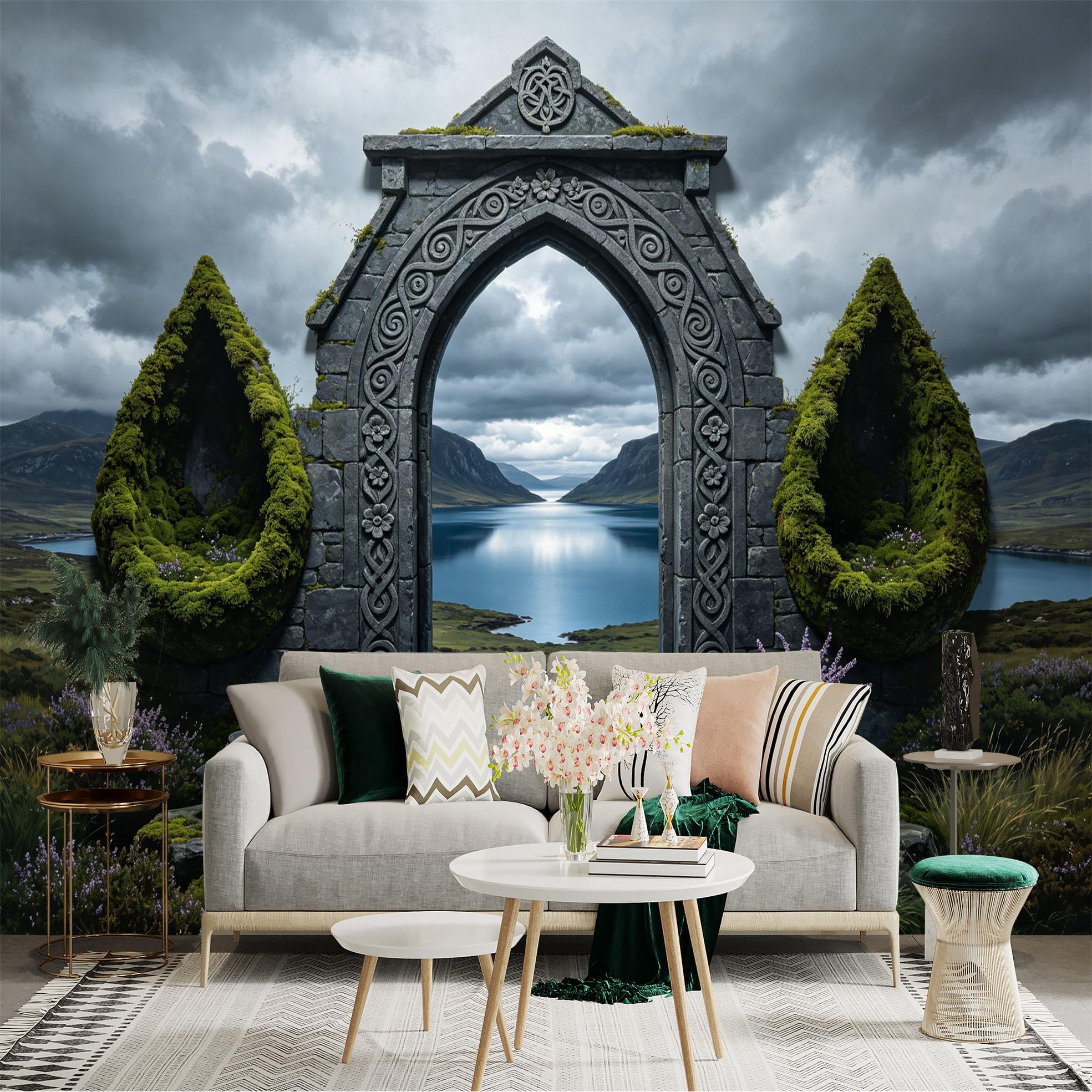 Custom Size Wall Sticker Mural， Celtic Stone Archway， Mystic Lake Valley， Moss Garden Landscape， for wall Decoration， peelandstick wall Decals.