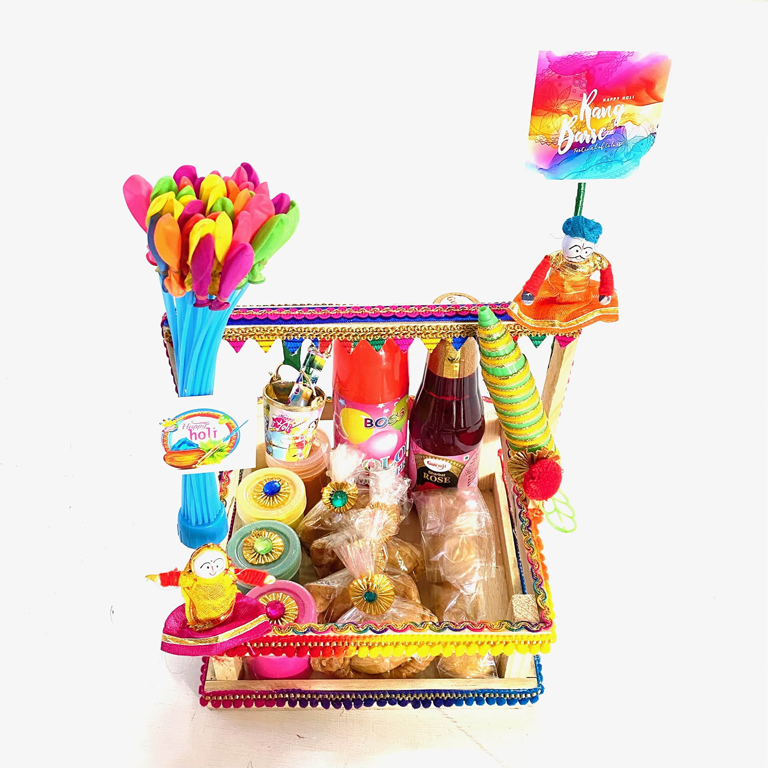 Holi Boxes All in One Wooden Basket | Combo Pack for Holii | Pichkari,Balloons,guruji Thandai Bottle,Color Spray,Miniatures Bucket & Pichkari,Sweets,Namkeen| Multicolored |