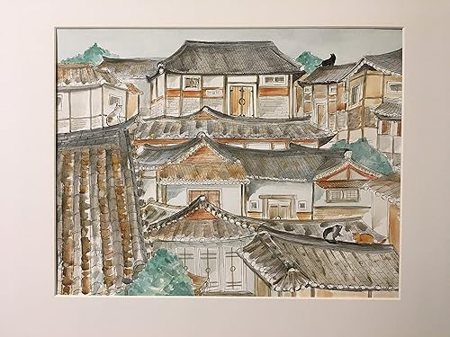 Vista 3 de Korean Art, Korean Art Print, Asian Art, Asian Art Print, Cat Art titled"Rooftop Cats