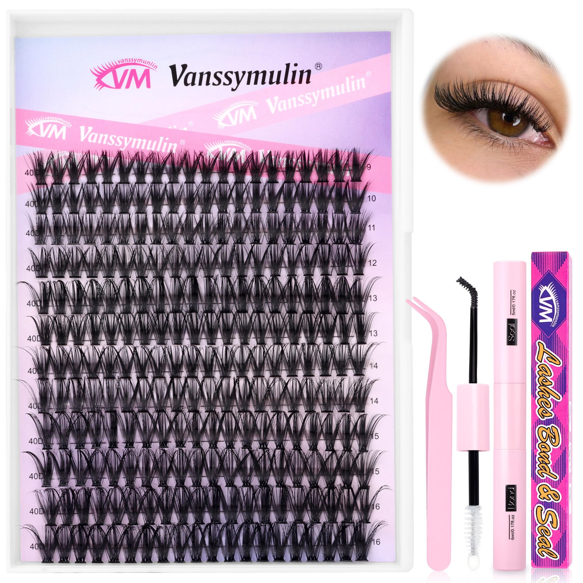 Lash Extension Kit 240Pcs Lash Clusters 40D DIY Individual Lashes Eyelash Extension Kit D Curl Volume Cluster Lashes Wispy with Long Lasting Lash Bond and Seal and Lash Tweezers for Eyelash Extensions