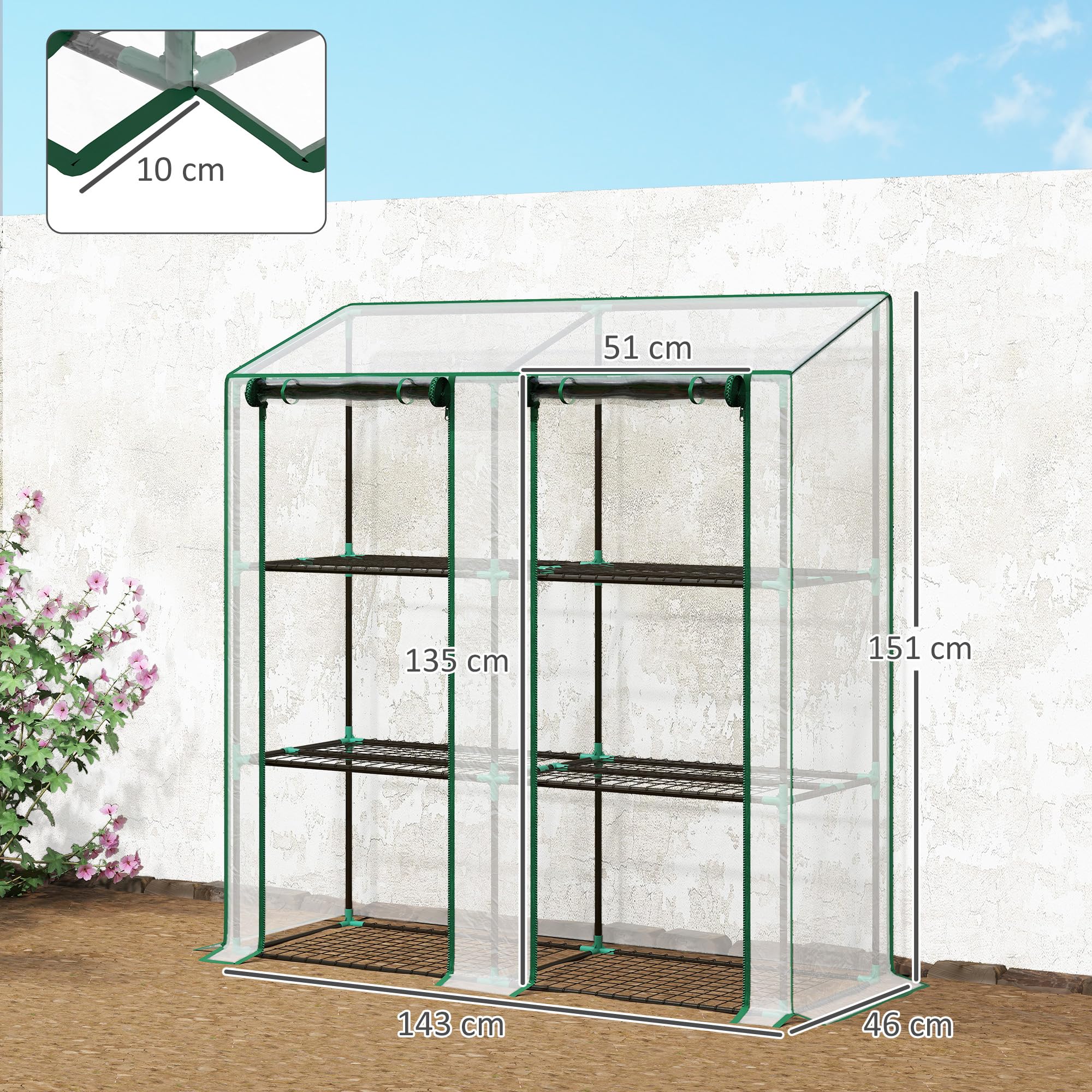 Outsunny Serra da Giardino 143x46x151cm con Struttura in Acciaio e Copertura Plastica, 6 Mensole a Rete, 2 Porte Avvolgibili, Serra per Orto Addossata per Verdure Fiori, Trasparente