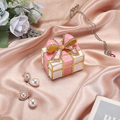 Miniatura 6 de Hipiwe Mini joyero de metal con nudo de lazo rosa con bisagras, caja decorativa de esmalte brillante, caja de tesoros, figura, aretes, soporte