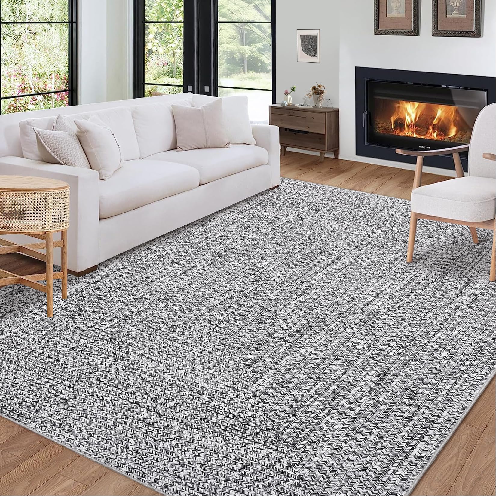 9x12 Area Rug Large Machine Washable Rug for Living Room Print Braided Accent Rug Stain Resistant Non-Slip Carpet Rug Farmhouse Solid Printed Textured Floor Cover for Home Decor, Grey