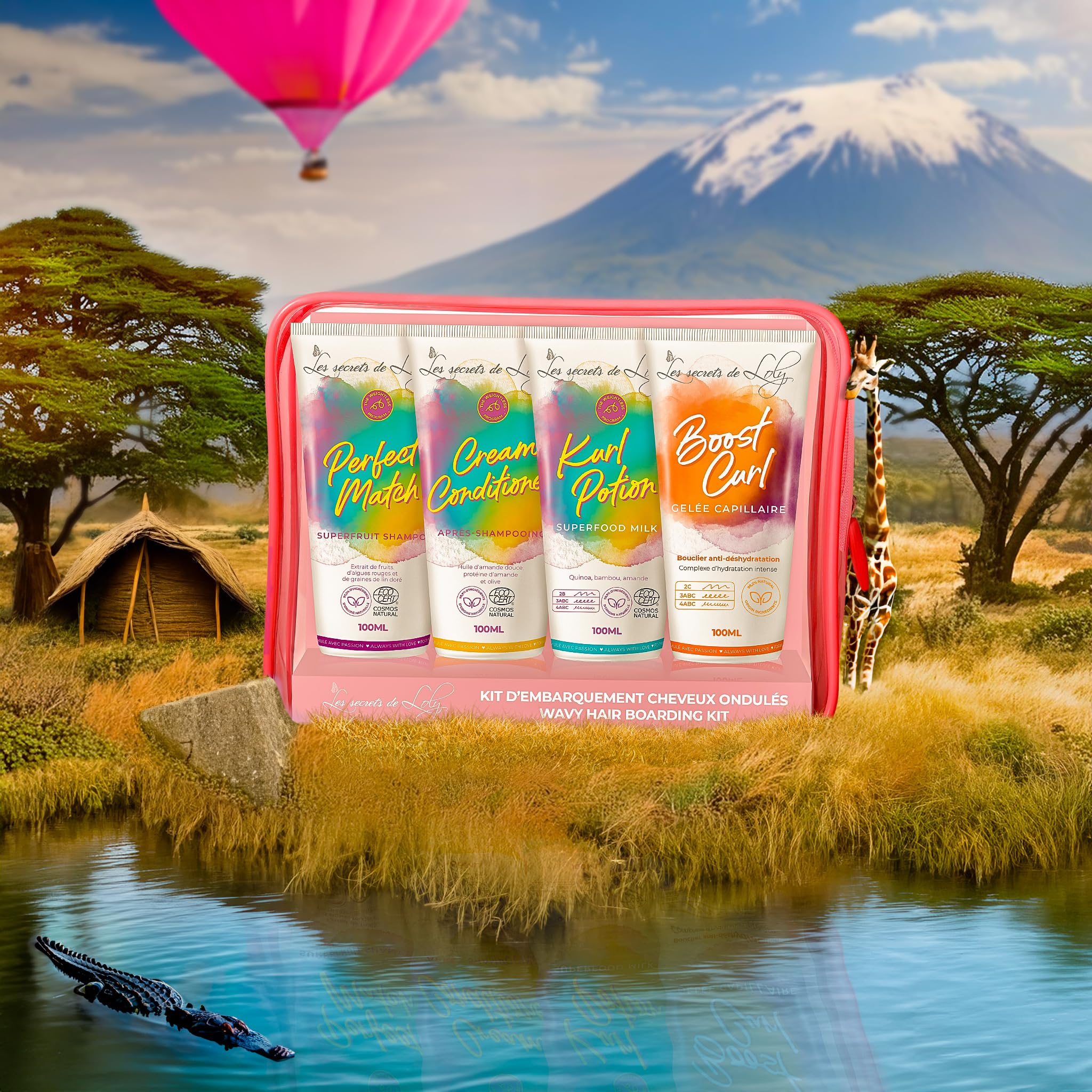 Les Secrets de Loly - Trousse de Voyage Cheveux Ondulés – 4 Soins 100ml | Shampooing + Après-Shampooing + Leave-in + Gelée | Format Cabine