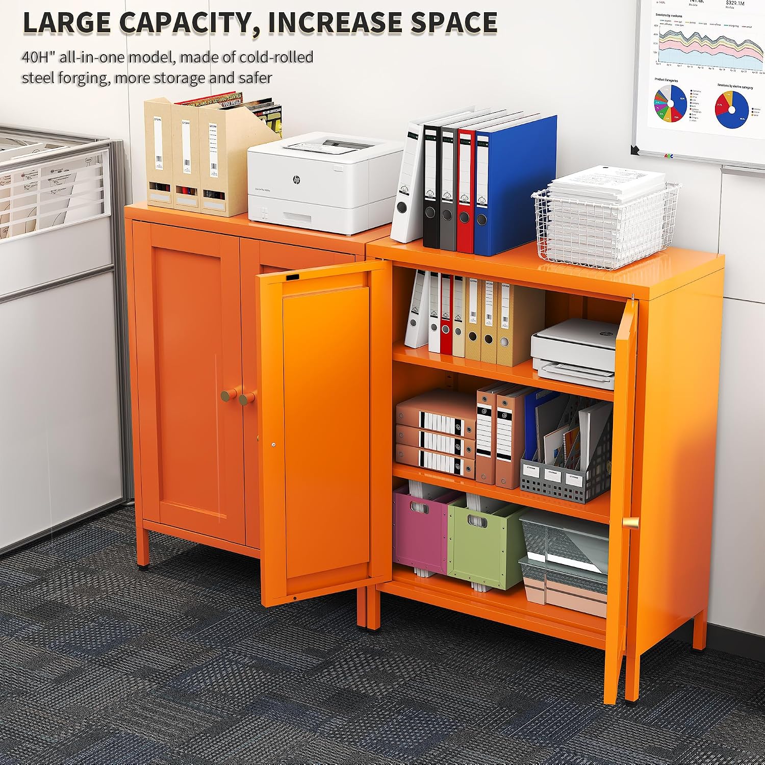 Orange Metal Storage Cabinet with 2 Doors - 31.5''H Bathroom Floor Storage Cabinet, 3 Tier Locker with Adjustable Shelves,Bathroom Cabinet for Office, Home, Living Room, Kitchen