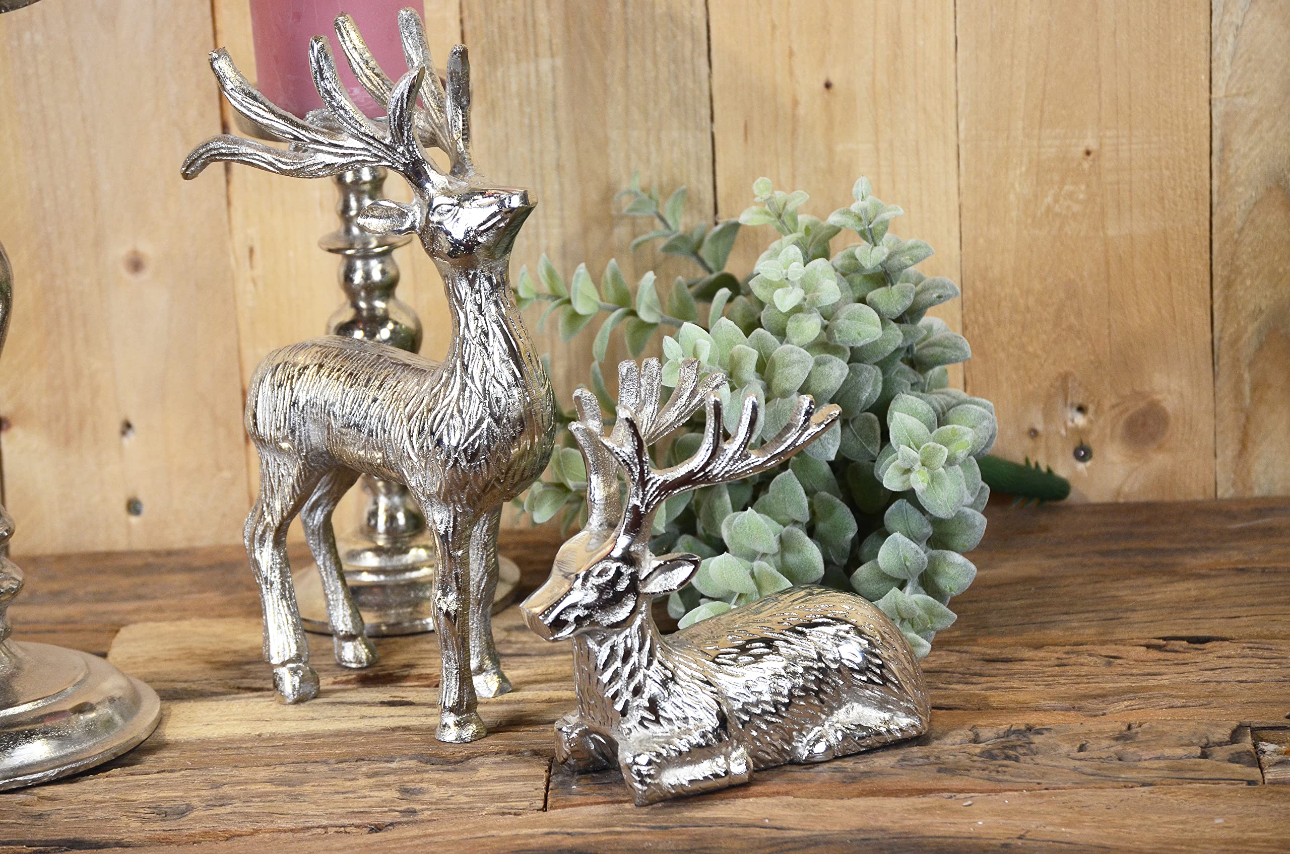 MichaelNoll Hirsch 2er Set - Stehend & Liegend - Rentier Aluminium Metall Silber - Figur Statue Dekofigur - Deko für Wohnzimmer, Küche, Schlafzimmer - Weihnachten Winter - Hirschgeweih Dekoration