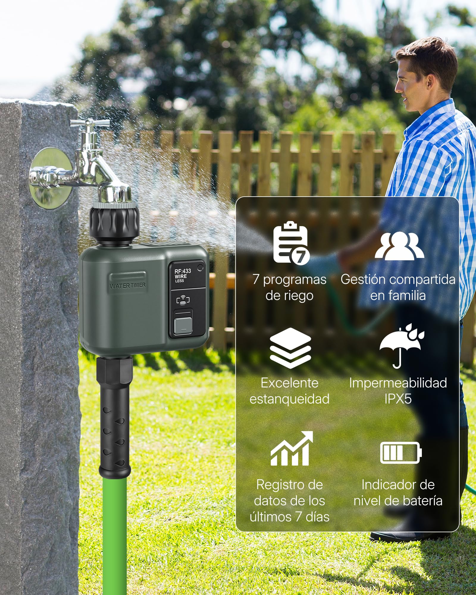 Ordenador de Riego WiFi, Temporizador de Manguera, Programador de Aspersores, Riego Inteligente, Modo Automático y Manual, Alcance 300 m, para Jardín, Césped, Terraza, Verde Oscuro ZD31WTD06