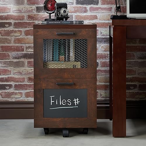 Miniatura 8 de Acosta Industrial dos cajones con detalles de cabeza de clavo, paneles laterales estilo tablón, gabinete de archivo con base de rueda giratoria,