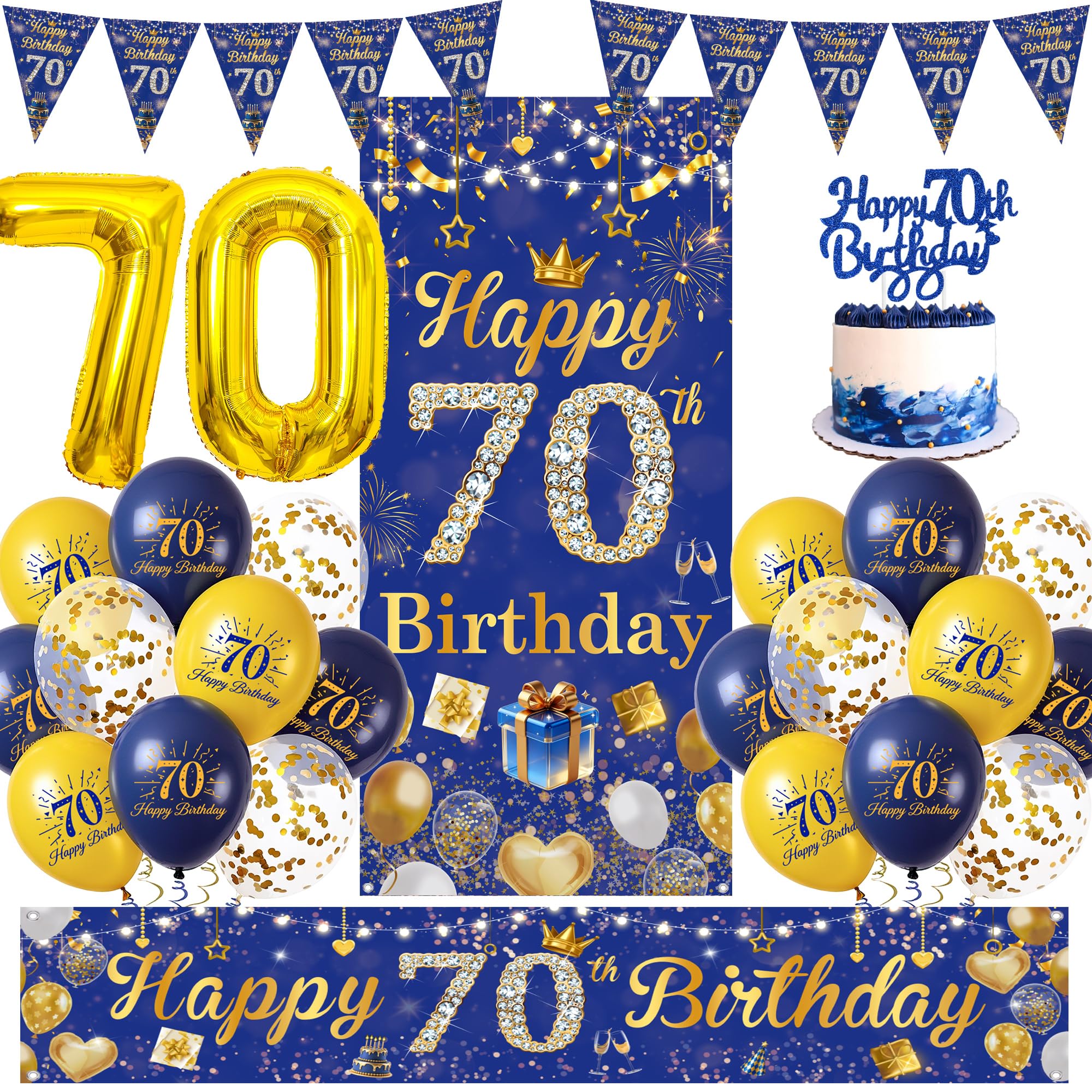 Happy 70th Birthday Balloons Decorations, Blue Gold Party Banner Set