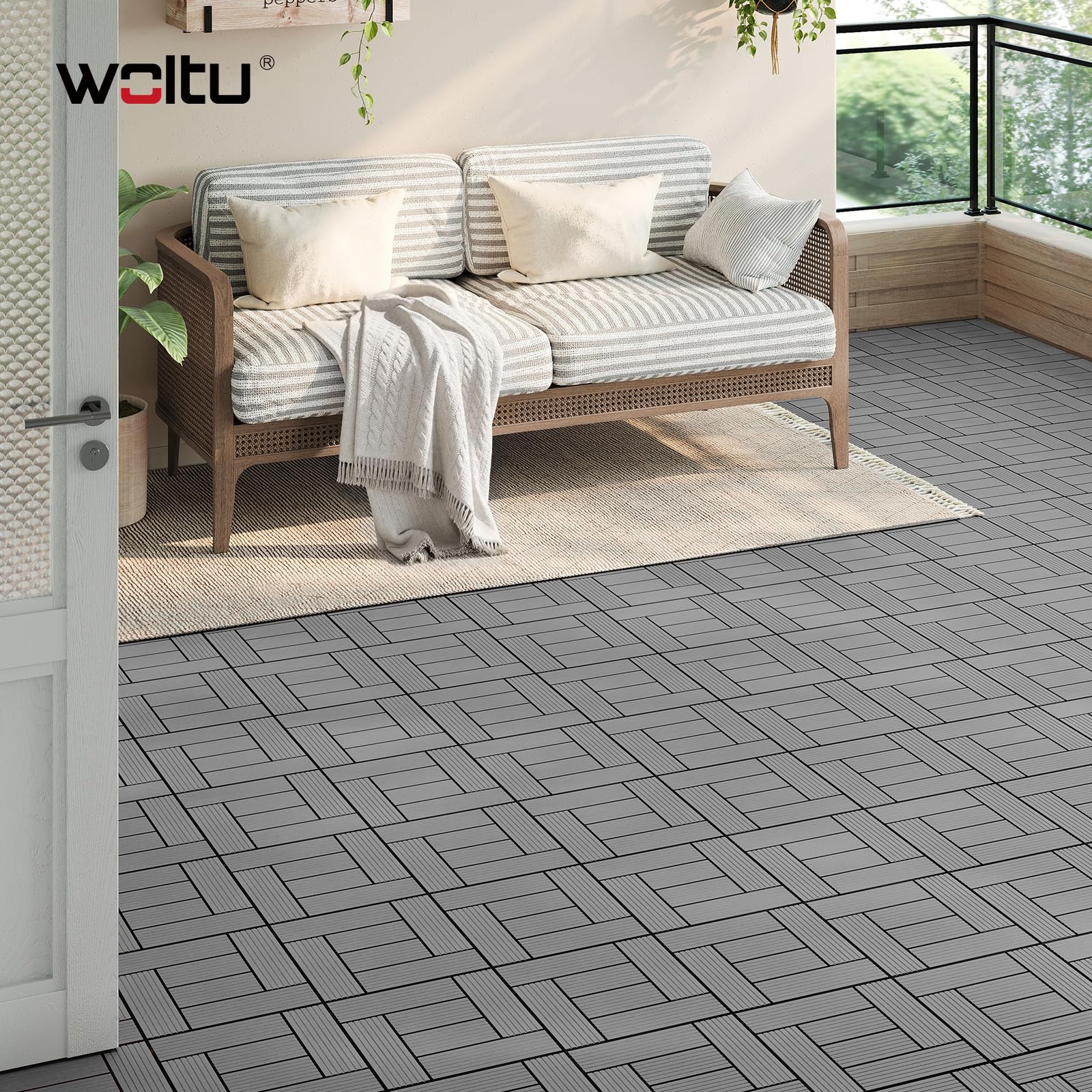 WOLTU WPC Terrassenfliesen Holzoptik, Hellgrau (22 Stück / 2 m²) | Premium WPC ohne Verwitterung, rutschhemmend, Klickverbindung ohne Werkzeug, für Garten und Terrasse nutzbar, langlebig