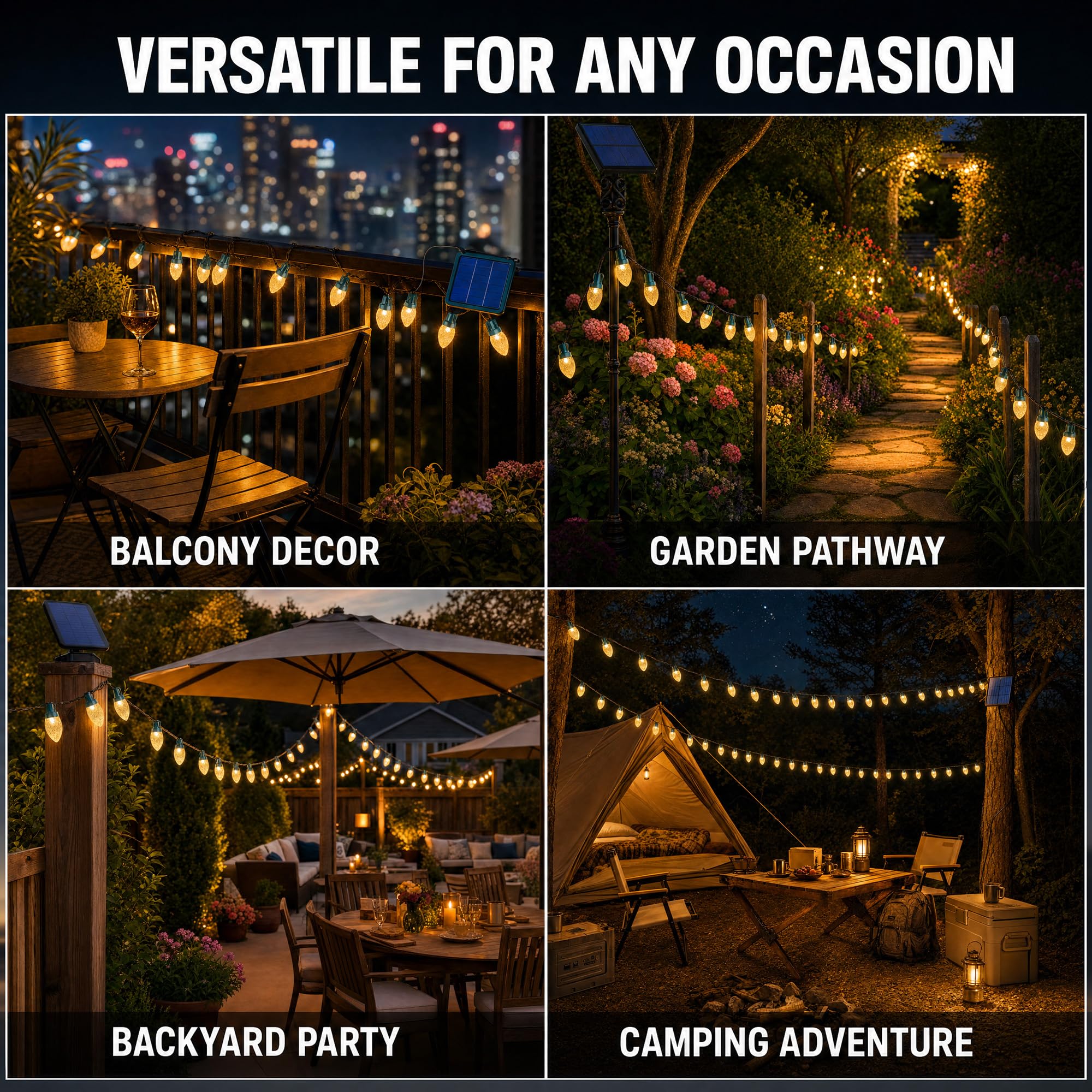 C9 - Guirnalda de luces LED de Navidad alimentadas por energía solar, 50 luces LED impermeables de fresa con 8 modos de iluminación de alambre verde para decoración de patio exterior, boda