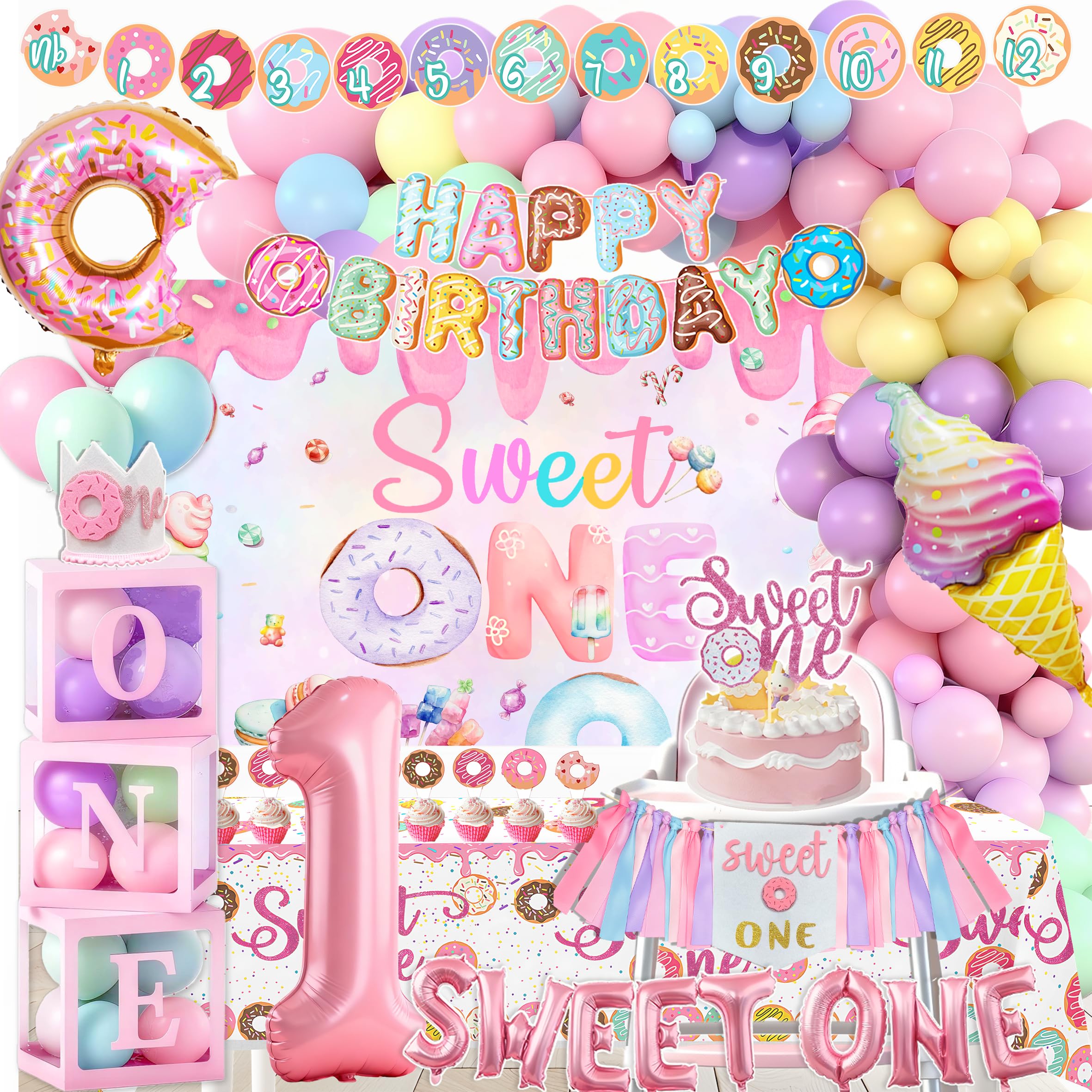 1st Birthday Decorations for Girl Sweet one First Decorations Donut First Birthday Party with Backdrop Balloon Boxes Tablecloth Banner Highchair Cake