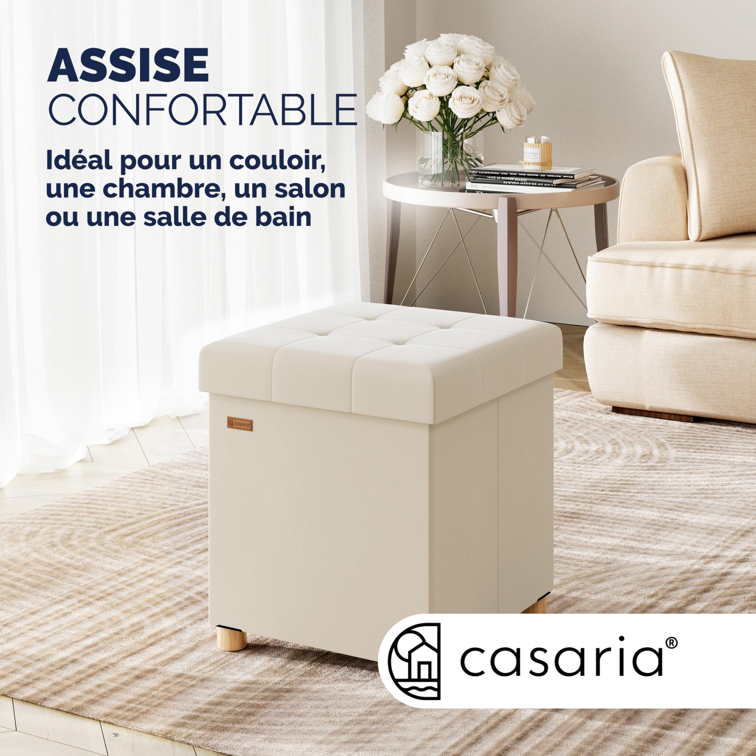 Casaria® Tabouret Cube avec Espace de Rangement Velours Beige Petit Pouf Pliable 38 x 38 x 38 cm Coffre de Rangement Repose-Pied Coffre à Jouet Salon Chambre