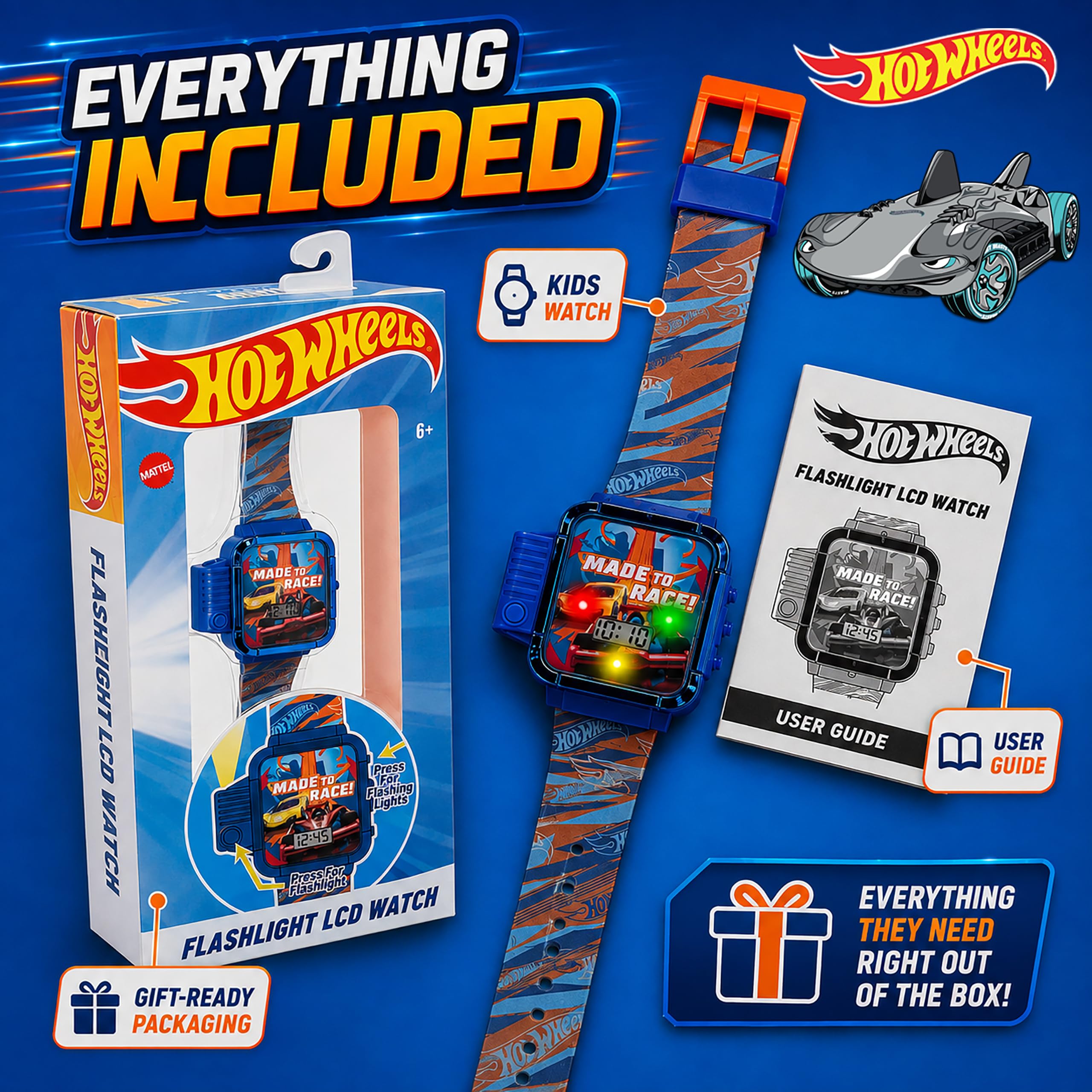 Hot Wheels Montre numérique pour Enfants avec lumière LED, Lampe de Poche | Écran LED lumineux, sangle de personnage imprimée, design résistant à l'eau et ajustement réglable pour poignets de 14 à 21,6