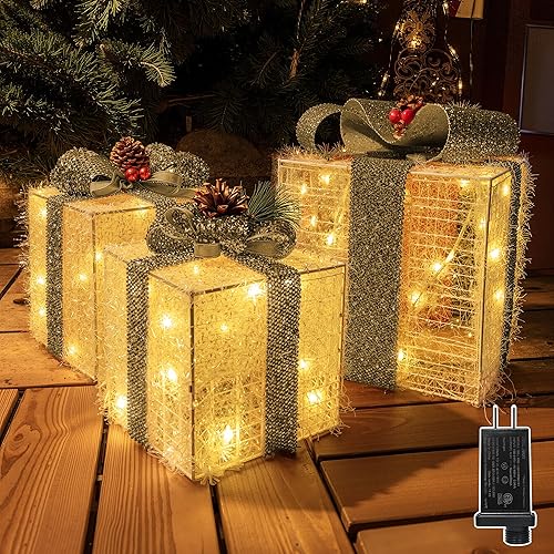Miniatura 10 de Juego de 3 cajas de regalo iluminadas de Navidad, 60 luces LED blancas cálidas preiluminadas, adornos de Navidad, cajas de regalo para fiestas,
