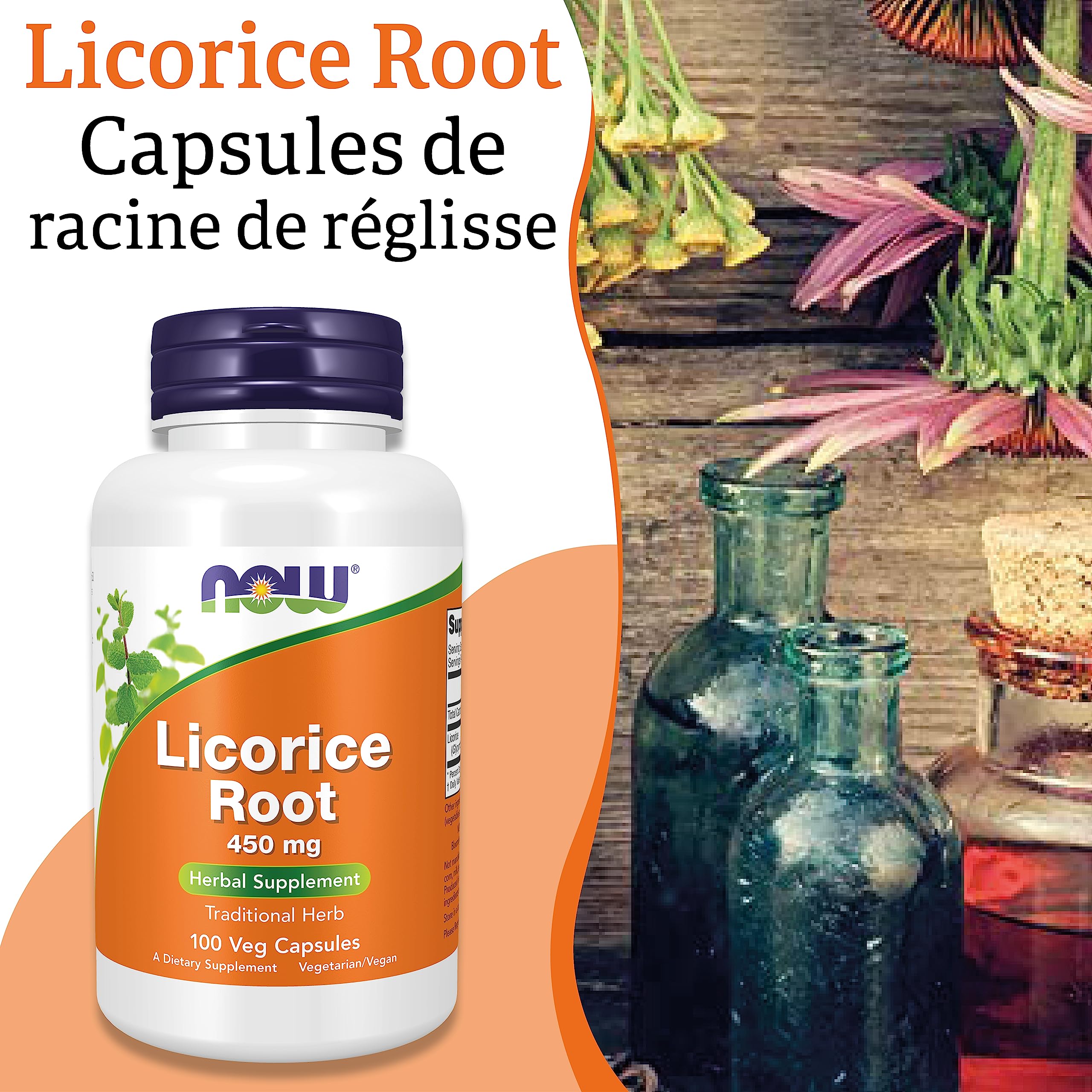 Now Foods, Licorice Root (Racine de Réglisse), 450 mg, 100 Capsules végétaliennes, Testé en Laboratoire, Sans Gluten, Sans Soja, Végétarien