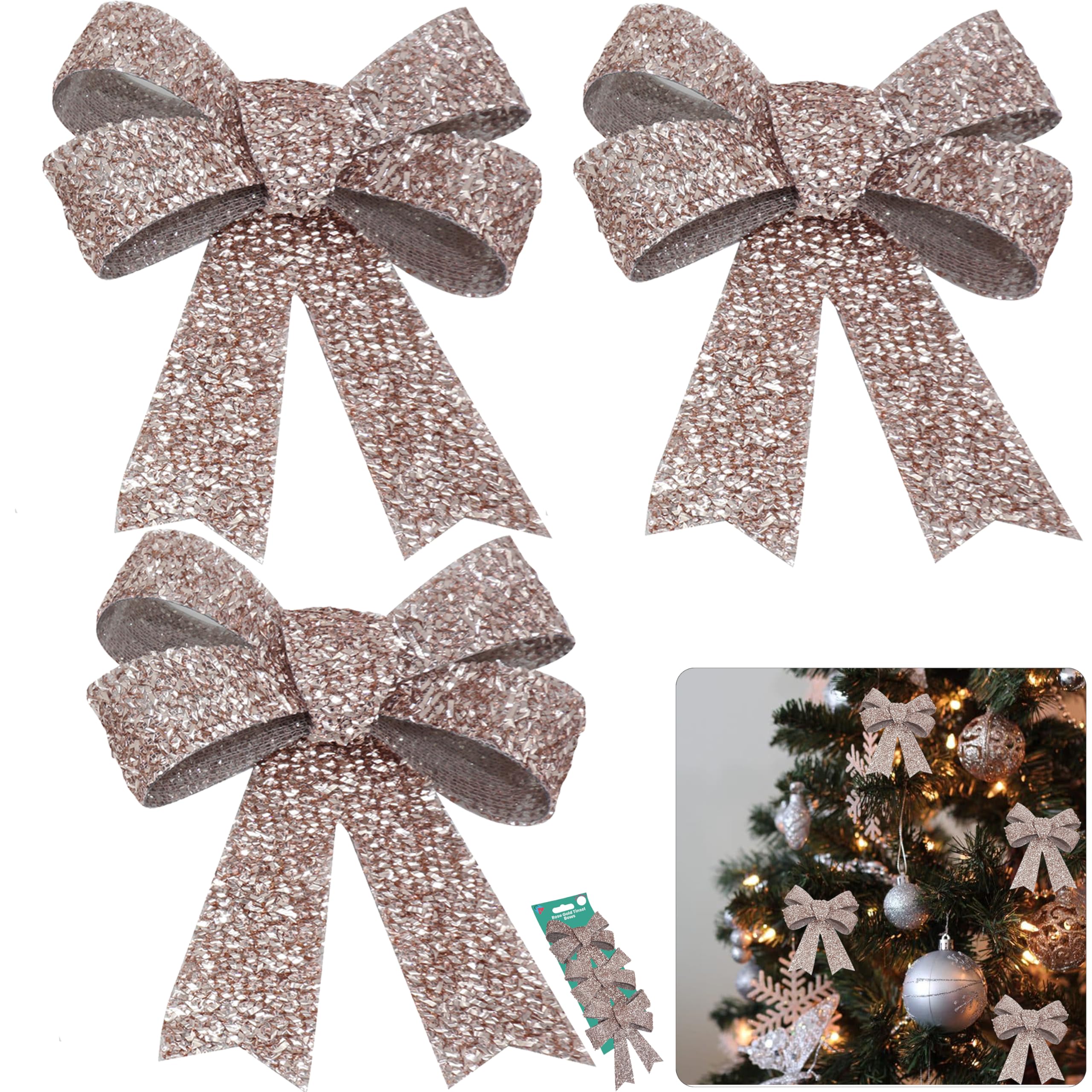 SRV Hub 3Pcs Rose Gold Glitter Christmas Bows 11cm, Decorative Xmas Bows for Tabletop Trees, Wreaths, Hanging Door Decorations, Christmas Crafts and Holiday Supplies