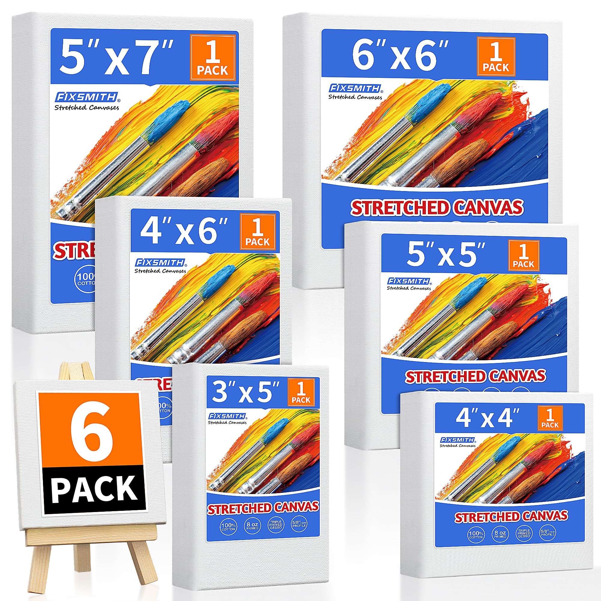 FIXSMITH Stretched Canvas for Painting, 3x5,4x4,4x6,5x5,5x7,6x6,Pack of 6