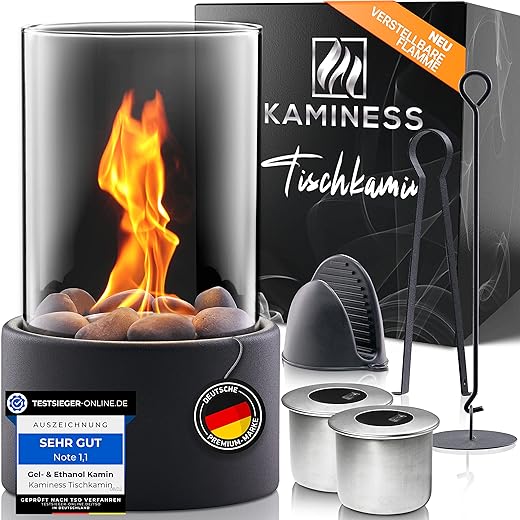 KAMINESS® Tischkamin | Verstellbare Flamme & 3h Brenndauer | Tischfeuer Set | Ethanol Kamin Indoor & Outdoor inkl. 2X Natursteinen (500g) & 2 Brennkammern | Bioethanol Kamin | Balkon Deko Terrasse