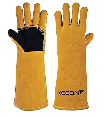 Keean MIG/ARC/TIG Welding 16 Inch Gloves with Extra Padded Palm Leather High Temperature Hot Thermal Work Safety Heavy Duty Heat&Fire Resistant at 500 degreeC Leather Cut Proof Gaunlets with Kevlar Stitching