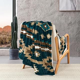 Boho Aztec Faux Fur Throw Blanket with Sherpa Lining, Traditional Southwestern Navajo Tribal Style Plush Fluffy Soft Cozy Throw for Couch, Sofa, Bed, Camping, Outdoor, 50" x 60", Dark Teal