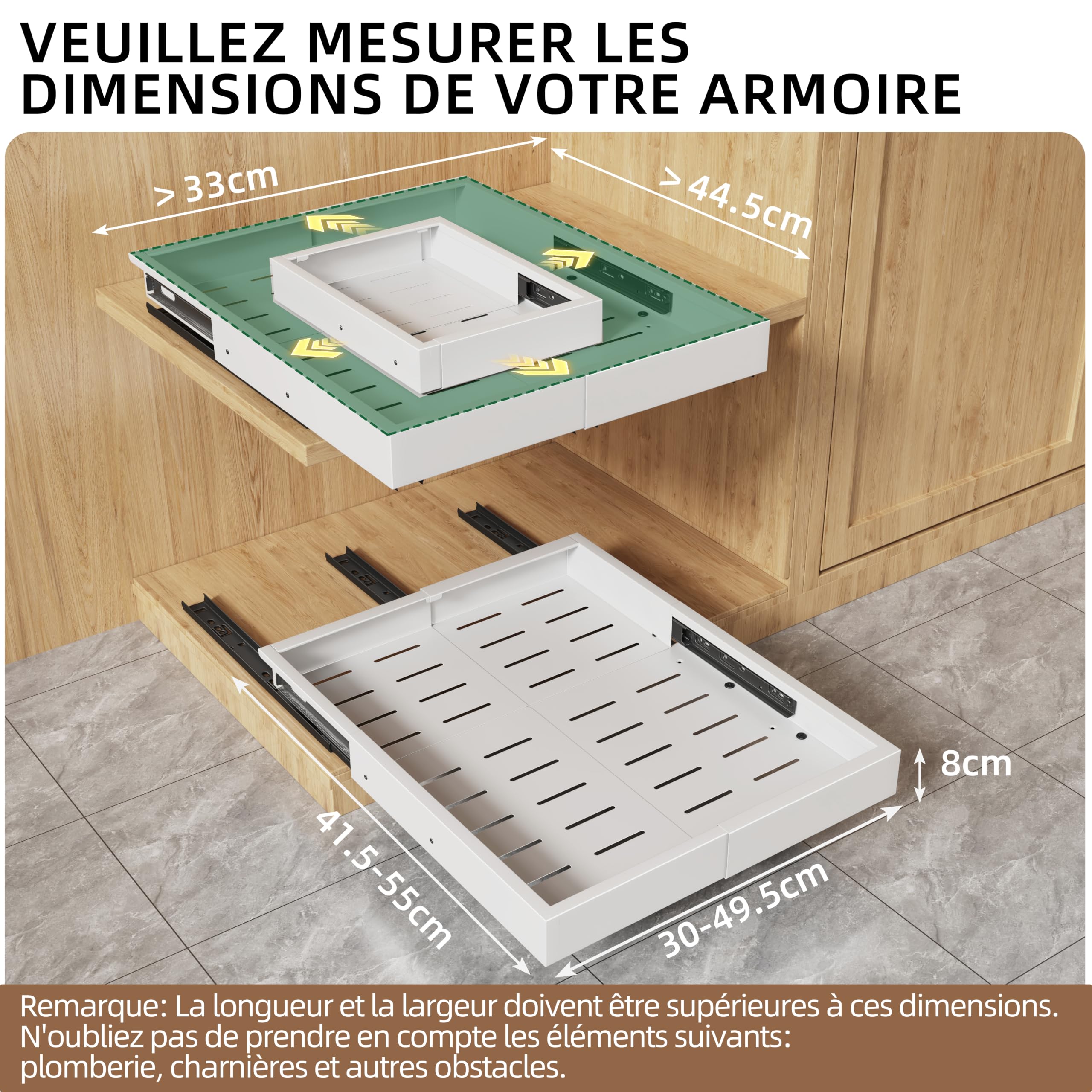 NETEL Lot de 2 tiroir coulissant cuisine,extensible sur 4 côtés，plateau coulissant placard，tiroirs télescopiques，30-49.5cm Largeur, 41.5-55cm Profondeur,Fixation Autocollante ou par Vis,Blanc