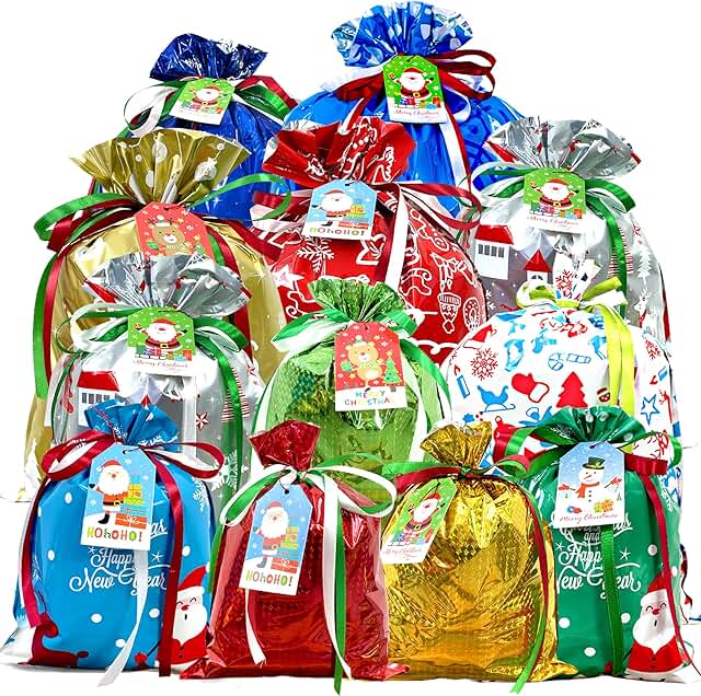 38PCS Christmas Drawstring Gift Bags Assorted Size Small Medium Large, H...