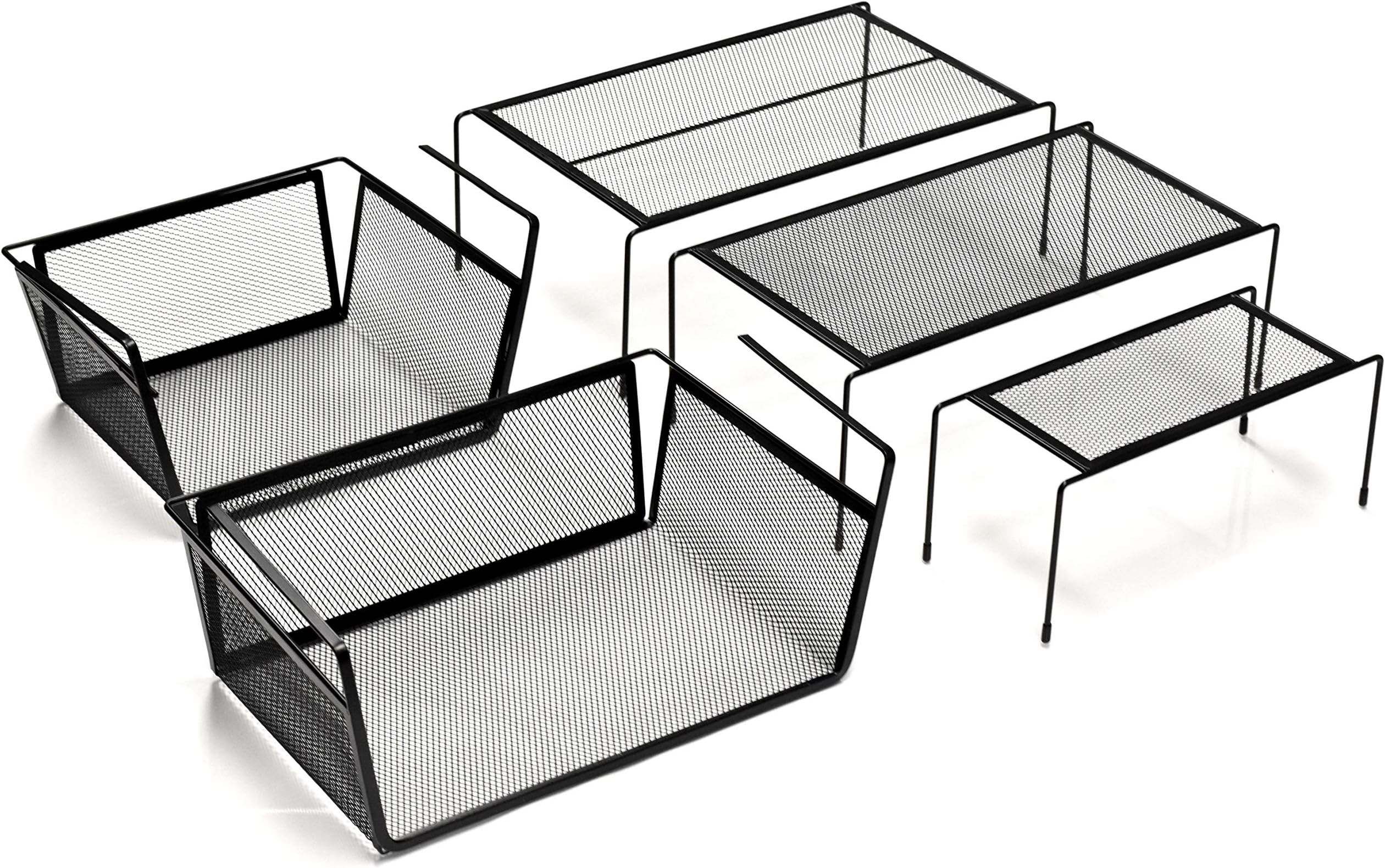 Masirs Kitchen Cabinet Organizer Set, Three Shelves, Two Under Shelf Baskets, Additional Cabinet or Counter Storage Space to Organize your Dishes, Glasses and Food Items, (5-Piece Set)