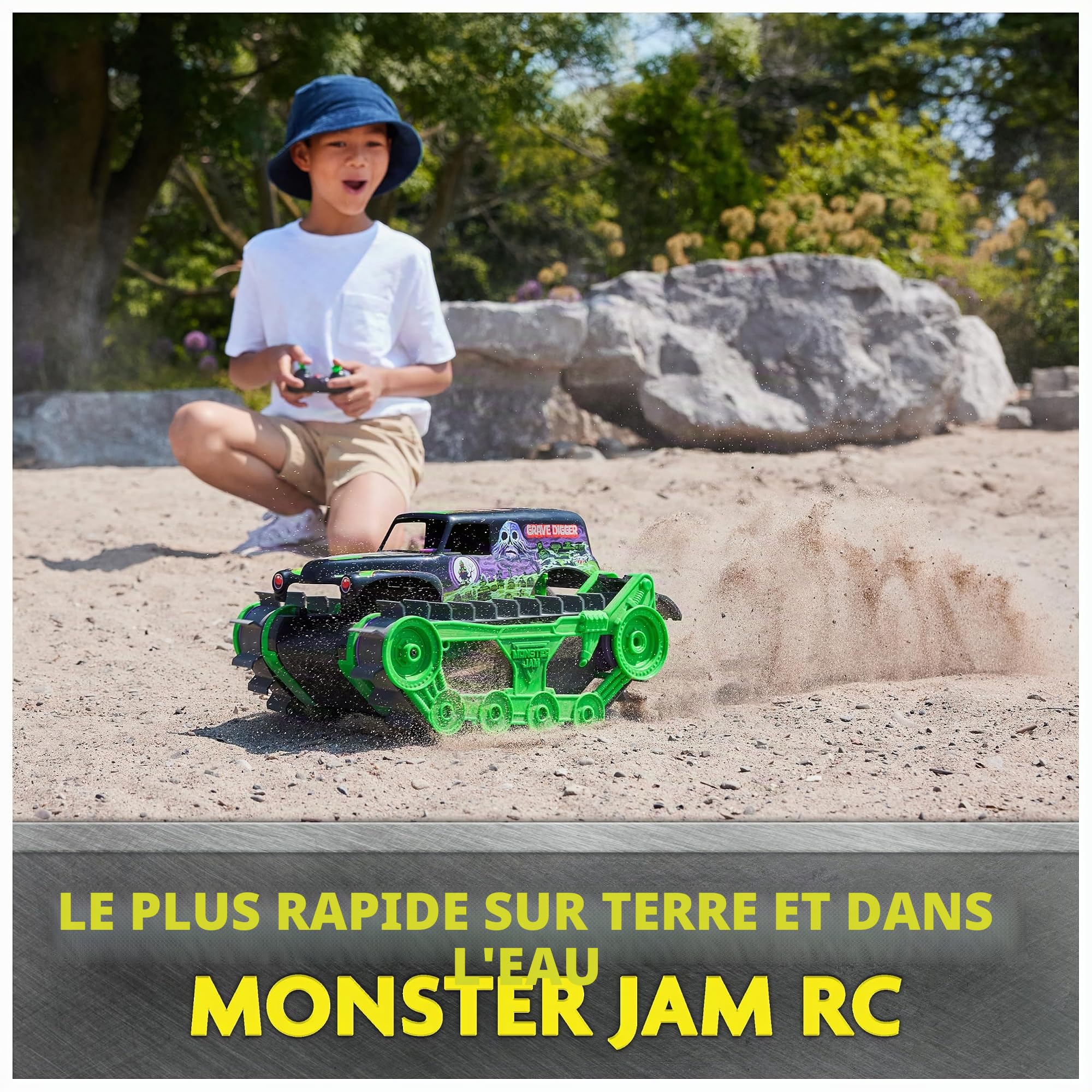 Monster Jam, Grave Digger Trax Véhicule d'extérieur télécommandé, échelle 1:15, Jouets pour Enfants pour garçons et Filles à partir de 4 Ans