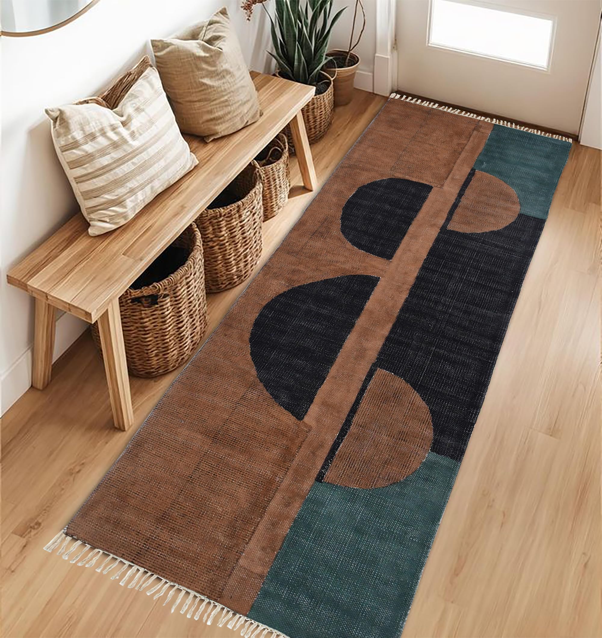 Area Rug Collection Baumwoll-Läufer, 122 x 30 cm, Schwarz und Braun, Halbmond-Designer-Baumwoll-Teppich für Schlafzimmer, Eingang, Haustür, Läufer für Bauernhaus, Küche, Waschküche