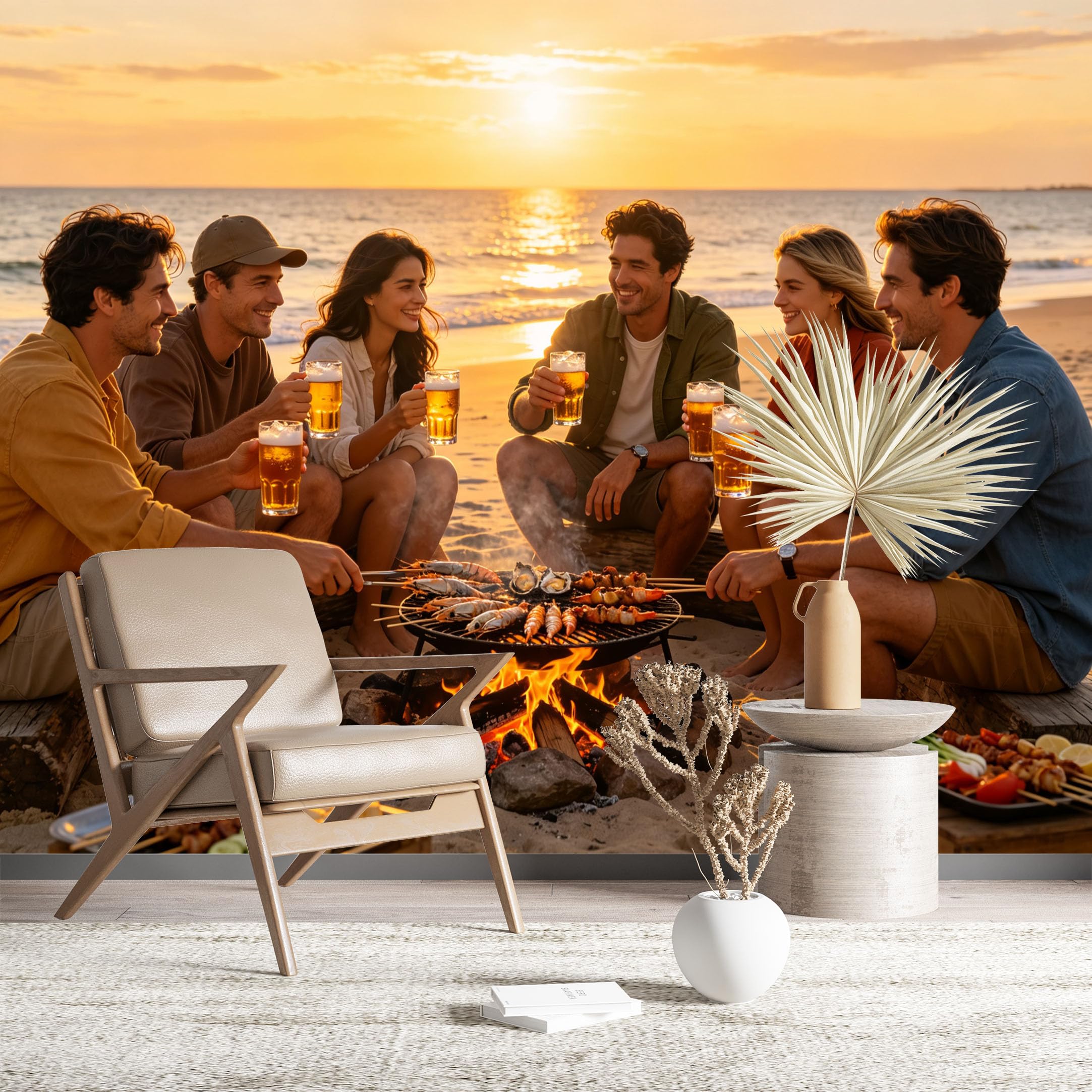 Custom Size Wall Murals Friends Having Beach BBQ Party Wall Stickers Self-Adhesive Wall Fabric (NO PVC) Removable Wallpaper for Living Room Home Decor