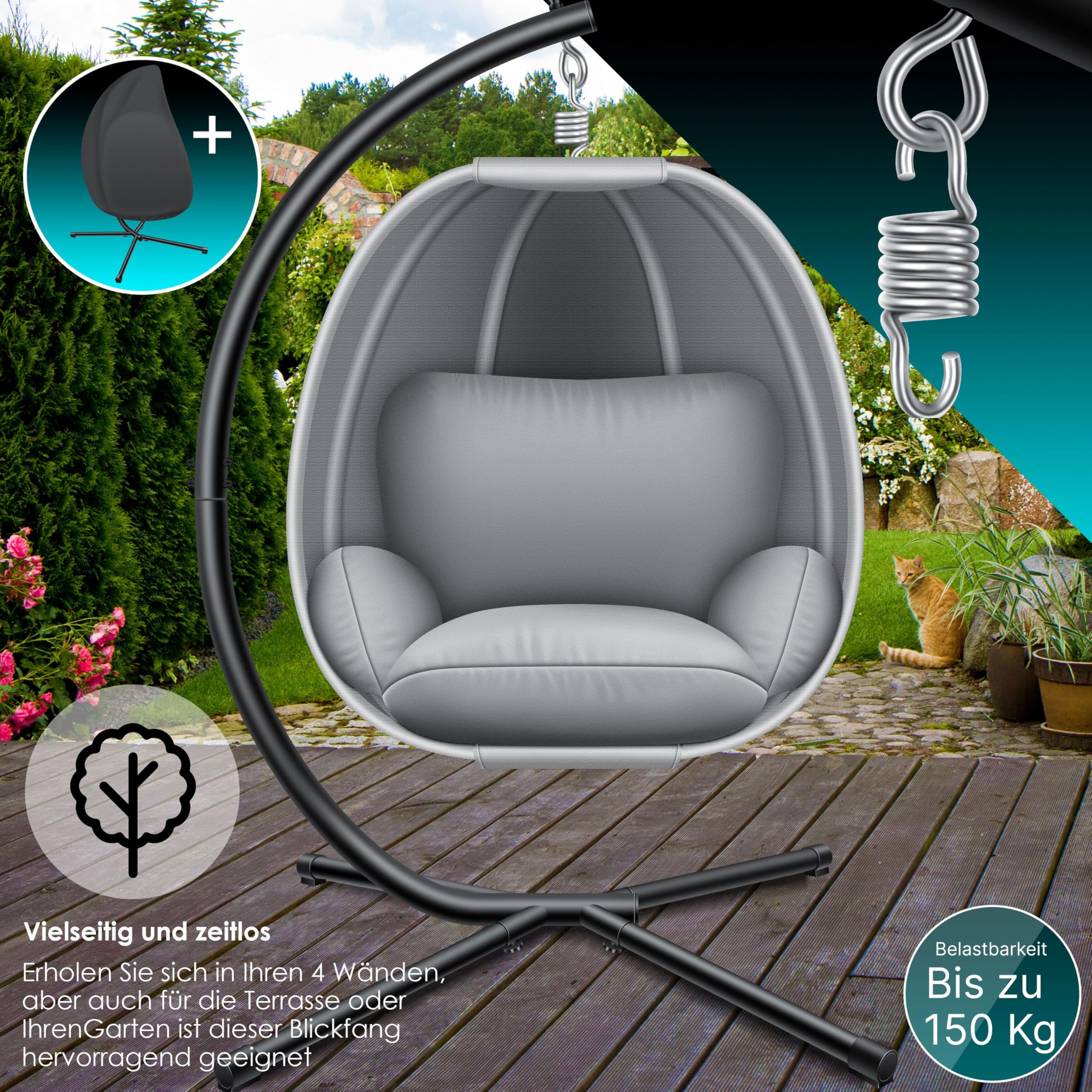 KESSER® Luxe Hängesessel mit Gestell + weiches Sitzkissen und Abdeckung, Seitenpolsterung, Rückenkissen Hängekorb Indoor & Outdoor, Garten Schaukel Hängestuhl Stabiler Standfuß, max. 150 kg Grau