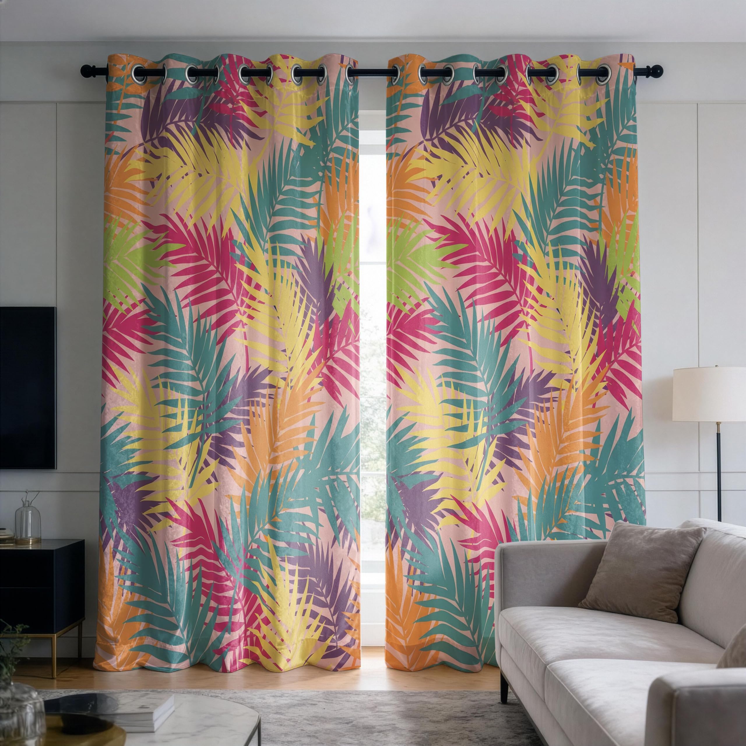 Verdunkelungsvorhänge fürs Schlafzimmer – Bunte Tropenvorhänge, Palmenblatt-Gardinen, Regenbogen-Fensterpaneele mit botanischem Muster (B x H/2 x 140 x 220 cm)