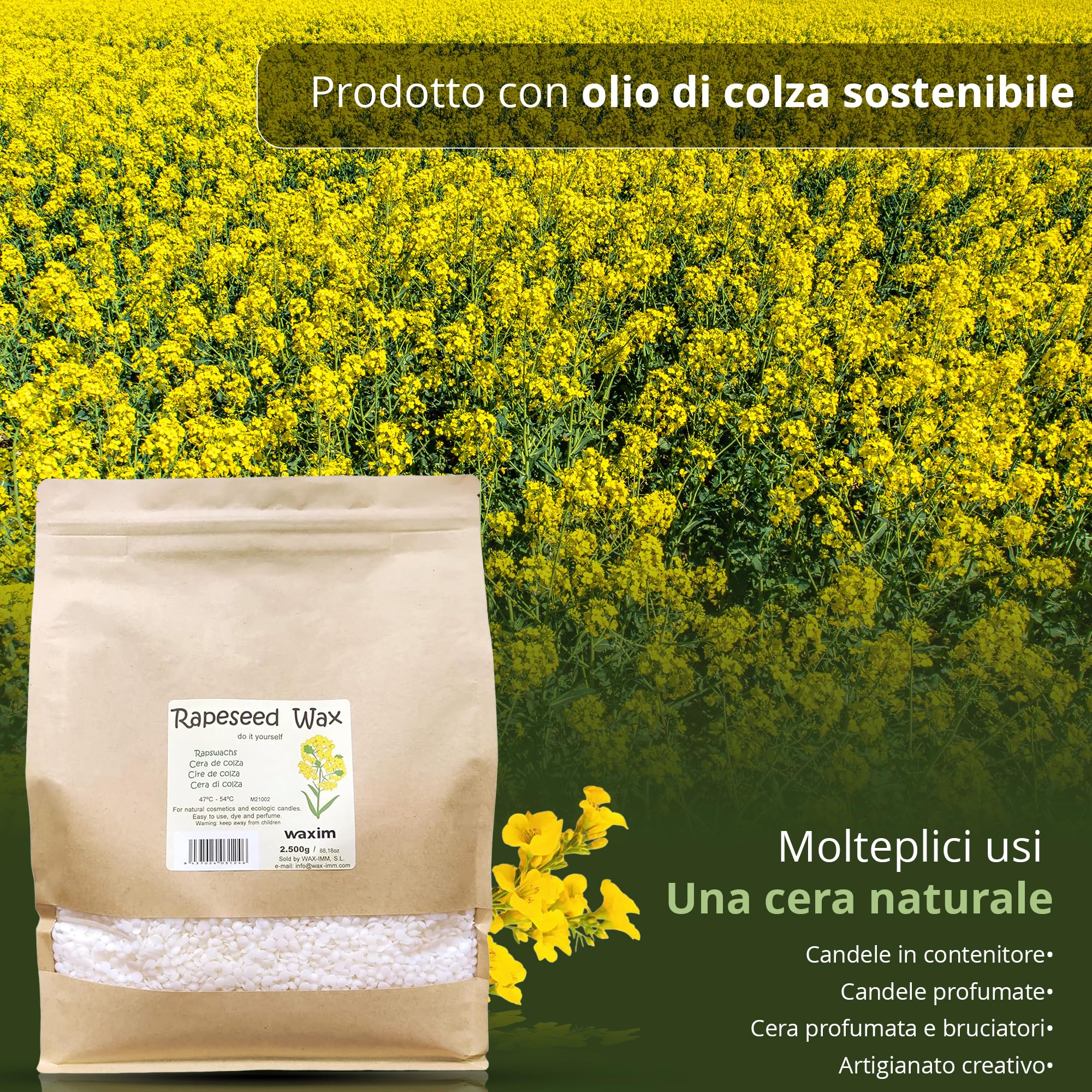 WAXIM Cera di olio di colza per candele 2500 g – Perle bianche, naturali, vegane, senza paraffina, cera per candele fatte in casa, fai da te, candele artigianali, granuli di cera e candele natural