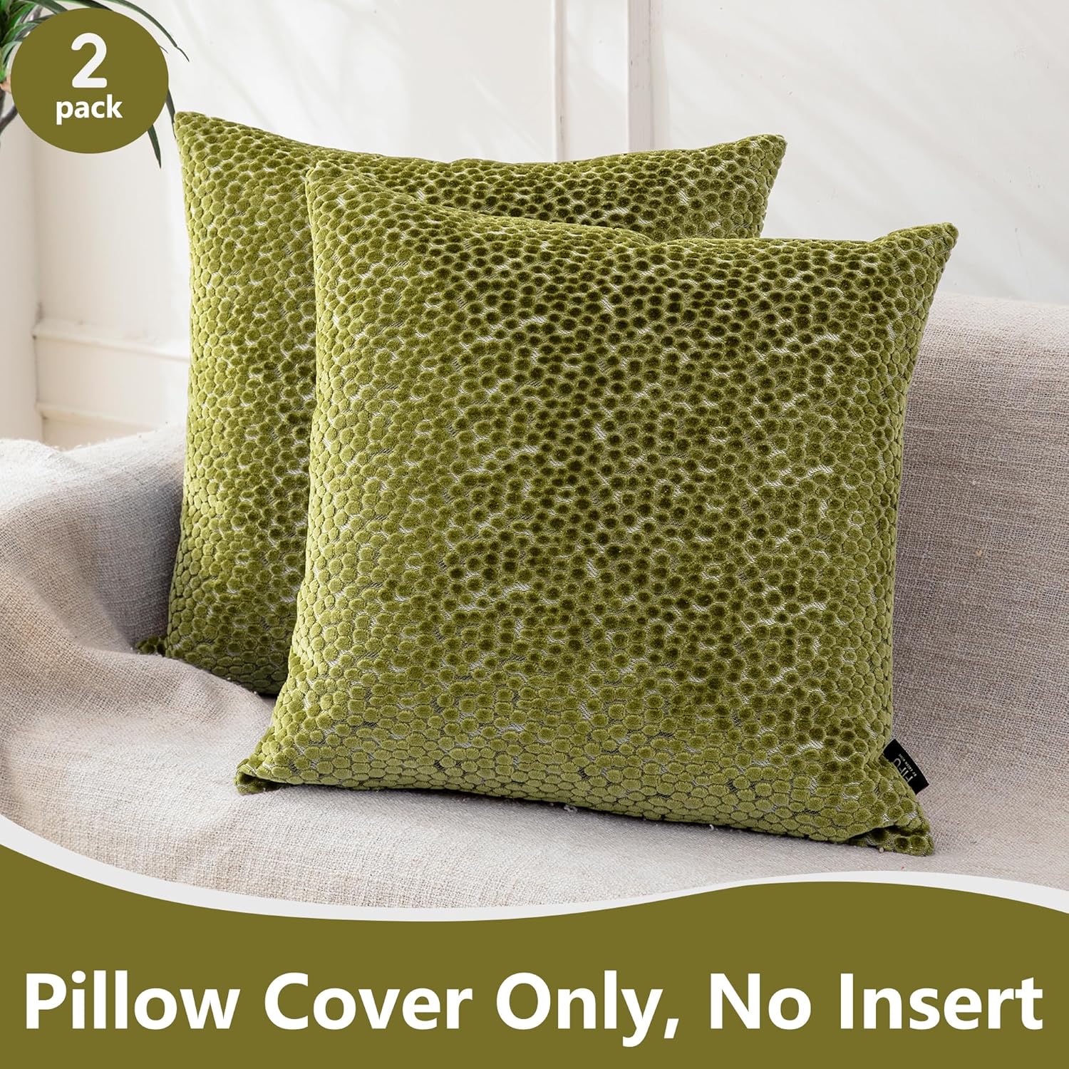 FIFU Couch Throw Pillow Covers 20x20 Inch Set of 2 - Jacquard Velvet Front & Neutral Textured Back, Decorative Cushion Covers with Invisible Zipper for Living Room, Bedroom & Home Sofa, Olive Green