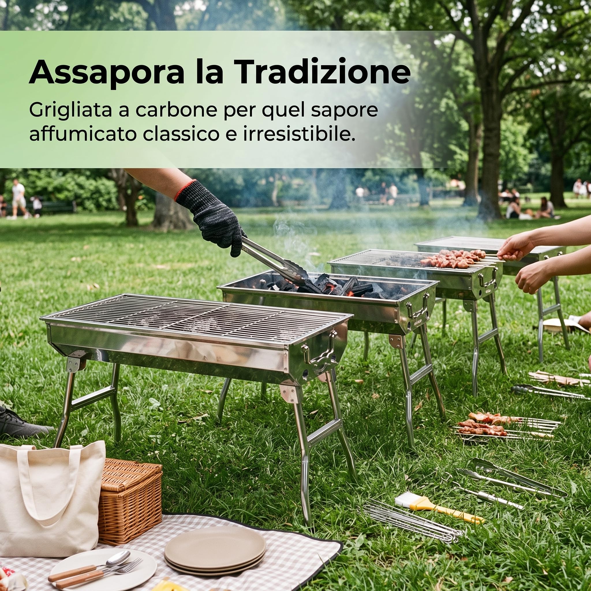 Barbecue a carbone pieghevole, griglia portatile in acciaio per campeggio e esterni, Pacchetto Tre: Griglia in acciaio inossidabile a strisce con rete per barbecue