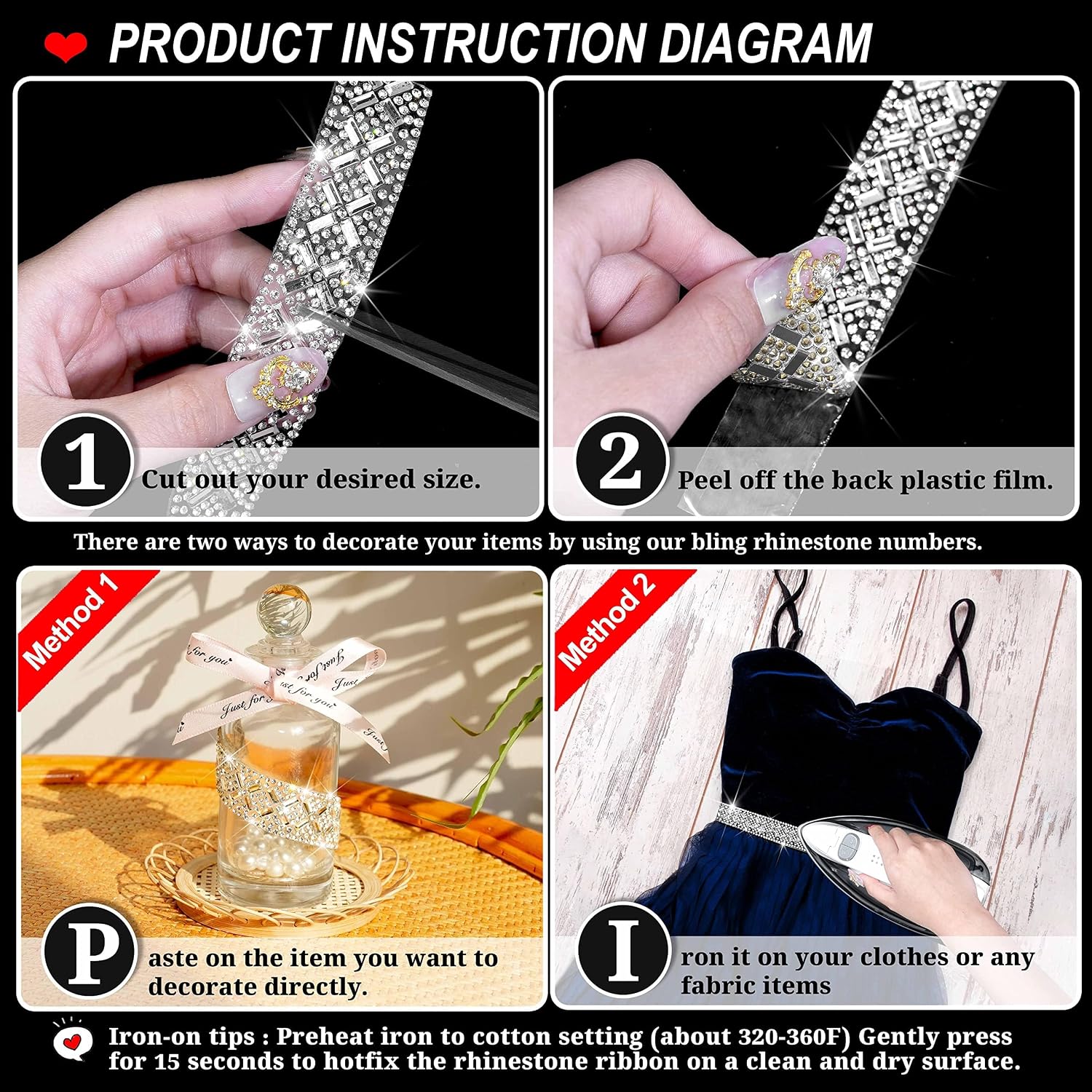Rhinestone Strips, Self Adhesive & Iron On Bling Crystal Rhinestone Ribbon, Cut to Size Diamond Trim for DIY Craft Clothes Shoes Bags Phone case Furniture Car Decor(2cm×3m,Sliver/Clear)