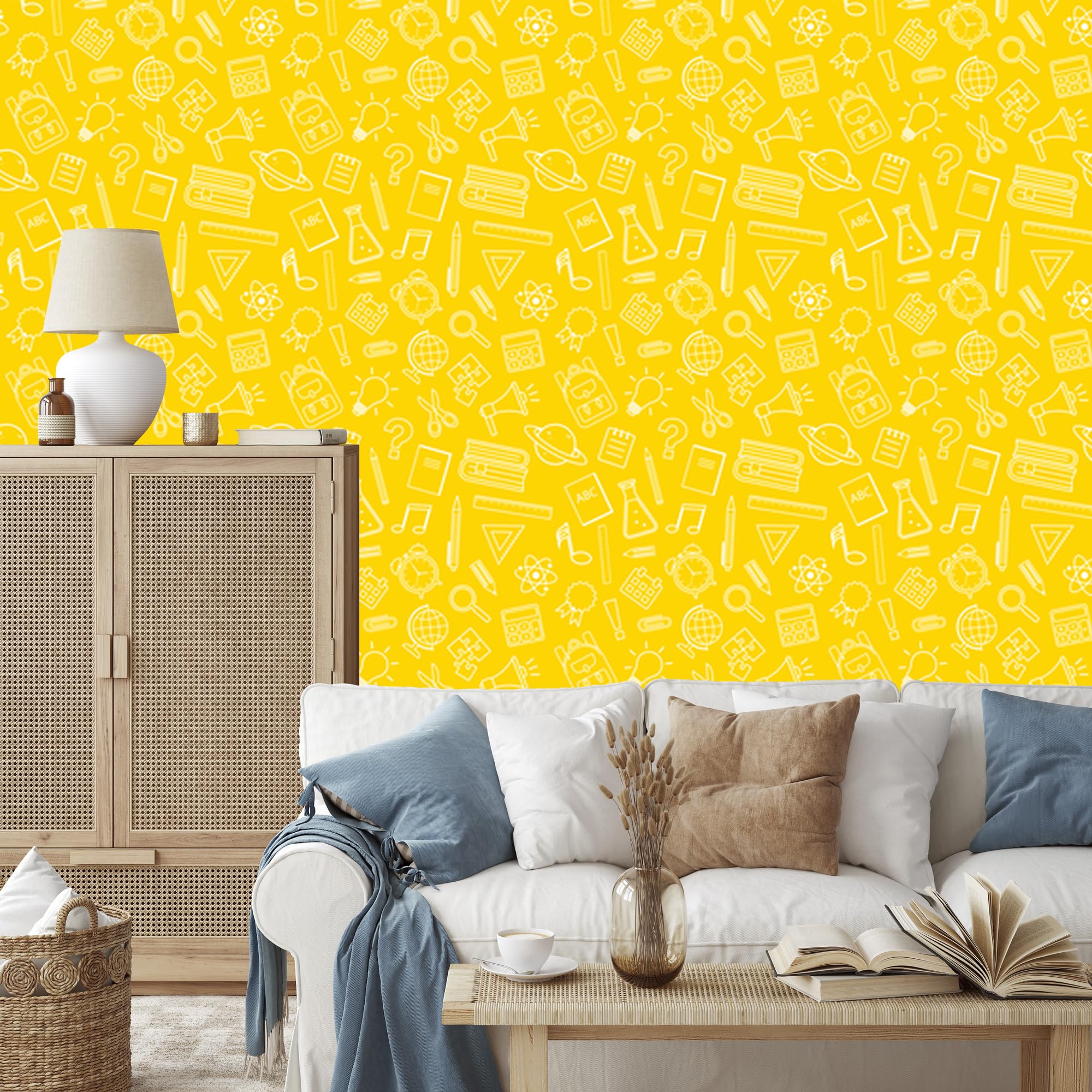 Vliestapete Schulbedarf – Gelb und Creme 50 x 1000 cm | Ausdrucksstarke Bildgestaltung; Charaktervoller Raumschmuck; Harmonische Akzentfläche; Kleister im Set