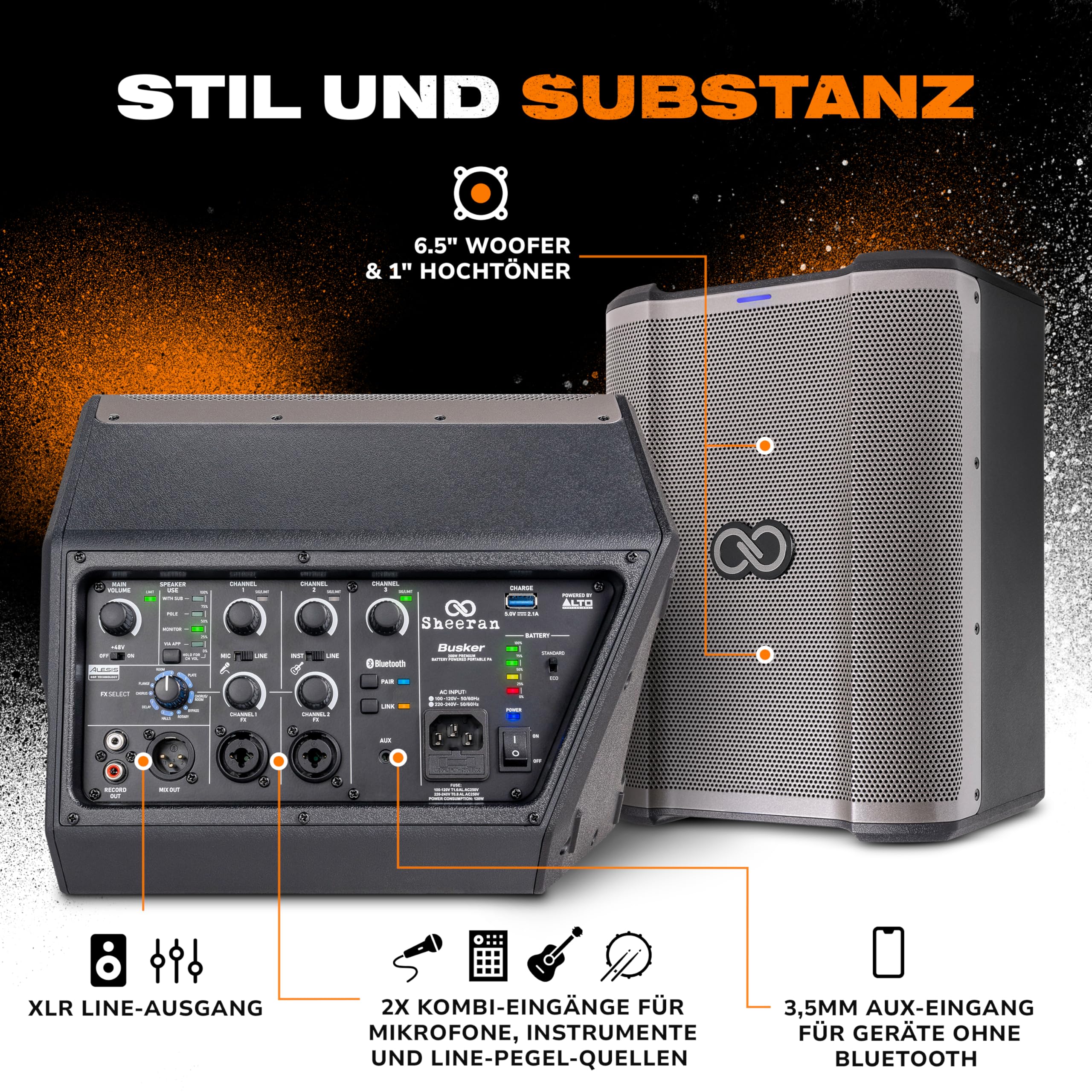SHEERAN Special Edition Busker - 200W tragbarer PA-Lautsprecher mit Akkubatterie, Bluetooth, 3-Kanal Mixer, Alesis FX, App, USB-Aufladung