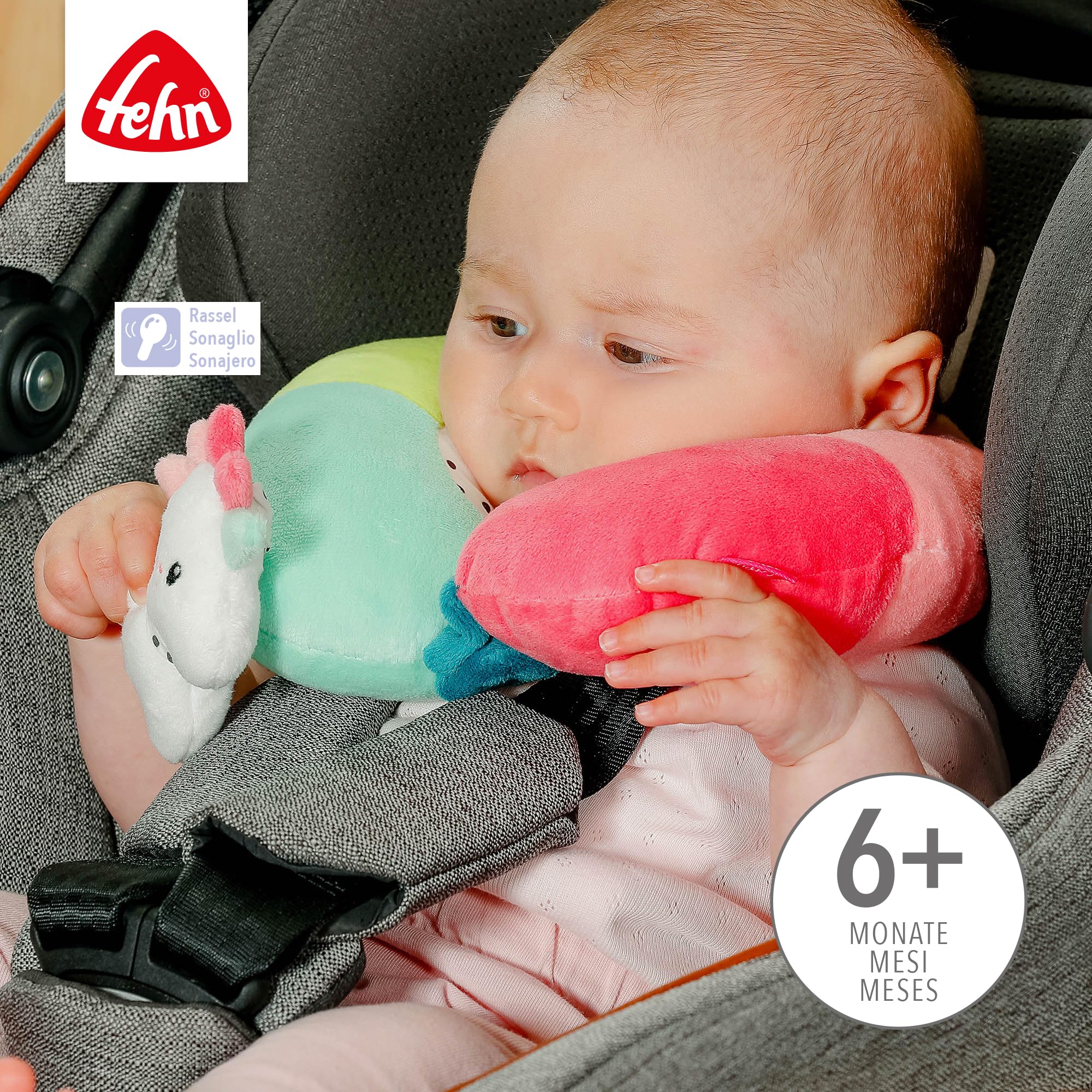 Fehn Almohada Cervical Unicornio, reposacabezas ergonómico con un simpático Animal sonajero Unicornio, para Coche, Cochecito y Silla Infantil, para bebés y niños pequeños a Partir de 6 Meses