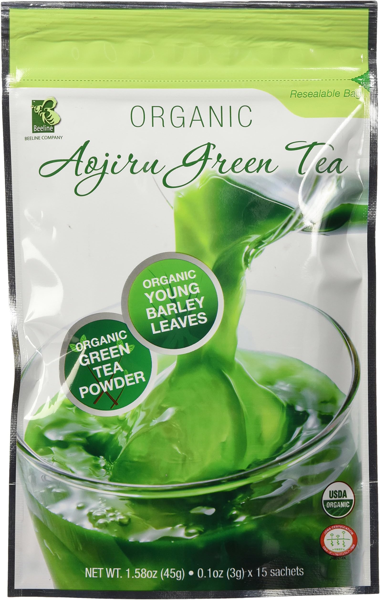 Organic Green Tea & Young Barley Grass (From Mie Prefecture, Japan) - Micro-pulverized Green Juice Mix, 3g packet x 15