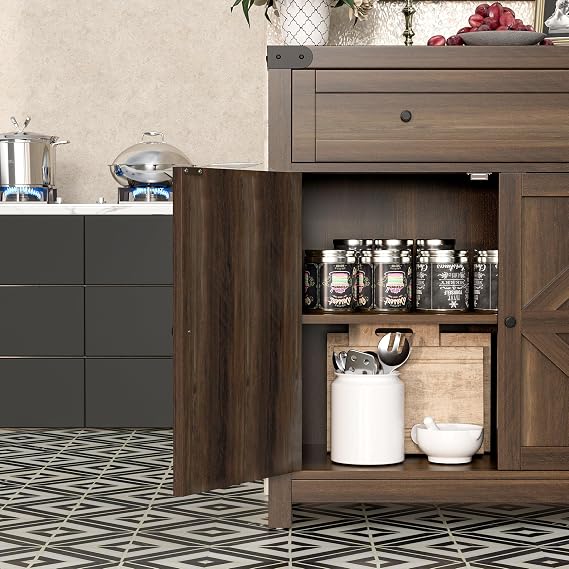 Flamaker Coffee Bar Cabinet with Storage,Sideboard Buffet Cabinet with 1 Drawer and 2 Barn Doors,Kitchen Storage Cabinet for Kitchen, Living Room, Entryway (Brown)